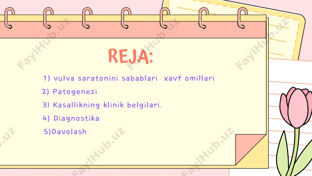 o’lishi mumkin klinikasi diagnostika vulva saratonining diagnostikasi bosqichma-bosqich amalga oshiriladi: 1. klinik ko‘rik – vulvada tugun, yara, rang o‘zgarishi, qalinlashgan joylar aniqlanadi. 2. biopsiya – eng muhim usul; shubhali joydan kesib olib, gistologik tekshiruv qilinadi. 3. kolposkopiya / vulvoskopiya – kattalashtiruvchi asbob bilan shubhali sohani ko‘rib, biopsiya joyini aniqlash. 4. sitologik tekshiruv – ajralma yoki yuzaki hujayralardan. 5. hpv testlari – ayniqsa 16 va 18-tiplarni aniqlash. 6. stajirovka (bosqichni aniqlash): uzi, kt yoki mrt – o‘smaning tarqalishini va limfa tugunlarini baholash. inguinal limfa tugunlari biopsiyasi / sentinel node biopsy. vulva saratoni (vulvar cancer) — tashxis va bosqichga qarab turlicha davolanadi. davolash usullari odatda jarrohlik, nurlanish (radioterapiya), va kimyoterapiya kombinatsiyasidan iborat bo‘ladi. vulva saratoni davolashning bosqich lari: asossiy usuli-jarohlik oʻsmani yoki butun vulva va limfa tugunlari bilan olib tashlash radio terapiya -jarohlikdan oldin oʻsmalarni kichraytirish keyin qolgan hujayralarini yoʻqotish kimyoterapiya- kechki bosqichlarida yoki qaytalanganda koʻpincha radioterapiya bilan birga amalga oshiriladi. target …