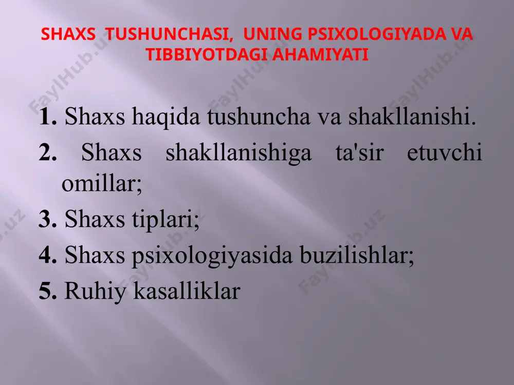 har bir odam shaxs sifatida turlicha namoyon bo'ladi. u o'zining xarakteri, qiziqishi va qobiliyati, aqliy rivojlanganlik darajasi, ehtiyoji va mehnat faoliyatiga munosabati bilan farqlanadi. bular shaxsning o'ziga xos xususiyatlari bo'lib, ana shu ruhiy xususiyatlar rivojlanib ma'lum bir bosqichga y etsagina uni mukammal, kamol topgan inson deyiladi. shaxsning ijtimoiy voqealikka, mehnatga, kishilarga, jamiyatga bo'lgan munosabati turlicha. uning faollik darajasi va axloq-odob borasidagi yetukligi ham turlichadir. shaxs shakllanishiga ta`sir etuvchi omillar irsiyat ta`lim tarbiya ijtimoiy muhit shaxsiy faollik odam shaxsining va xulqining rivojlanishida biologik omillarning ta'sirini yuksak baholab, shaxsni naslga bog'lab o'rganuvchi pedagog va ruhshunoslarning fikricha, shaxsning barcha xususiyatlari, shujumladan ong va aqliy qobiliyat ham nasldan - naslga o'tadi, go'yo odamning ko'zi, tishlar va barmoqlari kabi aqliy qobiliyat ham tabiatan berilgandir. demak, bola shaxsining rivojlanishiga naslning ta'siri, deganda ota-onaga, avlod-ajdodlarga o'xshashlikni ifodalovchi biologik belgilarning takrorlanishini tushunmoq kerak. har bir bola ota-onasidan meros sifatida biologik ko'rinishlarga (tananing tuzilishi va mutanosibligi sochining, ko'zining, terisiningrangi, …