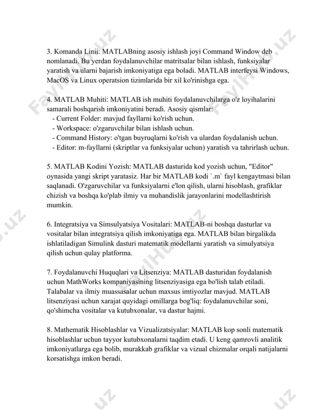 yalar qo'shiladi. mathworks har yili yangi versiyalarni chiqarmoqda, bu versiyalar avvalgilariga qaraganda ko'proq imkoniyatlarni taqdim etadi, lekin ayni vaqtda kompyuter resurslari uchun ham ko'proq talablarni qoyishadi. yuqoridagi ma'lumotlar matlab dasturini ishga tushirish va undan foydalanish haqida umumiy tushuncha beradi. matlab o'zining qudratli hisob muhiti va keng qamrovli kutubxonalari bilan foydalanuvchilarga ko'plab imkoniyatlarni taqdim etadi, bu esa uni ilmiy va muhandislik sohalarida keng qo'llanilishiga olib keladi. 3. ishchi ekran interfeysi ishchi ekran interfeysi zamonaviy axborot texnologiyalari sohasida juda muhim orin tutadi. bu interfeys foydalanuvchilarga turli xil qurilmalar va operatsion tizimlar bilan samarali ozaro aloqada bolish imkonini beradi. ishchi ekran interfeysi (iei) foydalanuvchi va texnologiya ortasidagi asosiy koprik hisoblanadi. ishchi ekran interfeysi foydalanuvchilarning ehtiyojlari va tajribalariga asoslangan dizayn elementlaridan tashkil topadi. bunda birlamchi maqsad - foydalanishni qulaylashtirish va samaradorlikni oshirishdir. zamonaviy iei dizaynlari foydalanish qulayligini oshirish uchun intuitiv, sodda va foydalanuvchi markazli boladi. ishchi ekran interfeysi dasturiy taminot va qurilma bilan qandaydir …