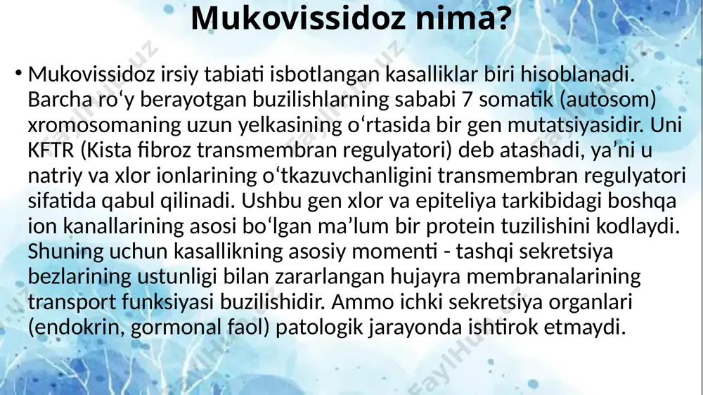 chi ferment yetishmasligi oziqa moddalar, temir va vitaminlar so‘rilishini qisqarishiga sabab bo‘ladi. kasallikning o‘tkir buzilishlarida barcha organlar va xususan bosh miyasi ta’sirlanadi va bu erta bolalik davrida, ayniqsa xavflidir. kasallikning shakllari va ko‘rinishlari mukovissidoz holatida, ularning kattaligidan qat’iy nazar, barcha ekzokrin bez o‘simtalari ta’sirlanadi. ammo turli organlarda patologik o‘zgarishlarning ko‘rinishi odatda har xil bo‘ladi. shu munosabat bilan kasallikning bir nechta klinik shakllari ajratiladi: 1)meekonial ichak yo‘li yopilishi. bu endi tug‘ilgan chaqaloqlarda birinchi kunlarda rivojlanadi va ularda bu asosan birlamchi najasni quyuqlashuvi orqali ifodalanadi (mekoniya). kasallikning shakllari va ko‘rinishlari 2)nafas olish tizimi qismlari obturatsiyasi (shilimshiq bilan bekilishi) va bezlar bronxial epiteliya faoliyati buzilishi bilan bog‘liq bronx o‘pka shakli. o‘pkaning surunkali obstruktiv kasalligi va bronxoektazlar shakllantirish bilan davriy bronxopnevmoniyalarda orqali namoyon bo‘ladi (xobl bronxoektaz sindromi kasallikning shakllari va ko‘rinishlari 3)ichak shakli va enzim tanqisligi rivojlantirish bo‘yicha oshqozon osti bezi (pankreatit) zararlanishini o‘z ichiga oladi. 4)yo‘g‘on ichakning oshqozon-ichak traktining ochilishiga bog‘liqligi billiar jigar …