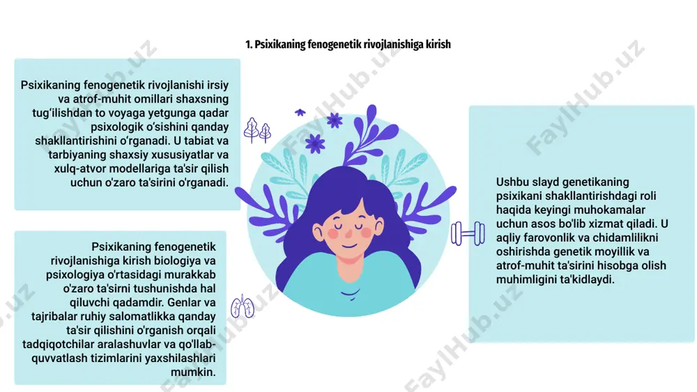 ligimizga ta'sir qiladi. genetika va atrof-muhit o'rtasidagi o'zaro bog'liqlikni tushunish psixikaning rivojlanishining murakkabligini va potentsial terapevtik aralashuvlarni tushunish uchun muhimdir. mars is a cold place 7. fenogenetik rivojlanishdagi psixologik fenotiplar psixologik fenotiplar psixikaning fenogenetik rivojlanishida, shaxsning shaxsiyati va xulq-atvorini shakllantirishda hal qiluvchi rol o'ynaydi. ushbu fenotiplarga irsiy moyillik va atrof-muhit omillarining kombinatsiyasi ta'sir qiladi, natijada har bir shaxs uchun o'ziga xos psixologik profil paydo bo'ladi. psixologik fenotiplarda genetika va atrof-muhit o'rtasidagi o'zaro bog'liqlikni tushunish inson psixikasi rivojlanishining murakkabliklarini tushunish uchun juda muhimdir. mental health infographics psixikaning fenogenetik rivojlanishini o'rganar ekanmiz, biz ruhiy salomatlikni shakllantirishda genetika va atrof-muhit omillari o'rtasidagi o'zaro bog'liqlik haqida chuqurroq tushunchalarni ochamiz. ushbu murakkabliklarni tushunish ruhiy salomatlik va farovonlikka chuqur ta'sir ko'rsatishi mumkin, muammolarni hal qilish va umumiy hayot sifatini yaxshilashga yanada yaxlit yondashuvni ta'minlaydi. psixologik rivojlanishga genetik va atrof-muhit ta'sirini o'rganish orqali biz chidamlilikni oshirish va ruhiy salomatlikni yaxshilash uchun aralashuvlar va qo'llab-quvvatlash tizimlarini yaxshiroq moslashtira …