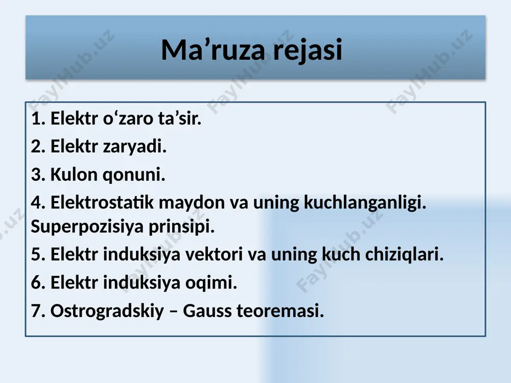 i darajada kichikdir. 6 zaryadlarning hajmiy zichligi deb, jismning bir birlik hajmiga mos kelgan zaryadga miqdor jihatdan teng bo‘lgan fizik kattalikka aytiladi, ya’ni bu erda, q – jismning v – hajmiga mos kelgan zaryad miqdori. zaryadning sirtiy zichligi deb, jismning bir birlik sirt yuzasiga mos kelgan zaryadga miqdor jihatdan teng fizik kattalikka aytiladi, yani bu erda, q – jismning s yuzasiga mos kelgan zaryad miqdori. zaryadning chiziqli zichligi deb, jismning birlik uzunligiga mos kelgan zaryadga miqdor jihatdan teng fizik kattalikka aytiladi, ya’ni 7 kulon qonuni 8 kulon qonuni ikkita qo‘zg‘almas niqtaviy zaryadlar orasidagi o‘zaro ta’sir kuchi zaryadlar miqdorlarining ko‘paytmasiga to‘g‘ri proporsional, ular orasidagi masofaning kvadratiga teskari proporsionaldir va zaryadlarni tutashtiruvchi to‘g‘ri chiziq bo‘ylab yo‘nalgandir + + elektr doimiysi 9 izotrop muhitda kulon qonuni nuqtaviy bo‘lmagan, dq1 va dq2 zaryadlangan jismlar elementar zaryadlarga ajratiladi va ular uchun kulon qonuni quyidagi differensial ko‘rinishda yoziladi: ikkita zaryadlangan makroskopik jismning to‘la o‘zaro ta’sir kuchi …