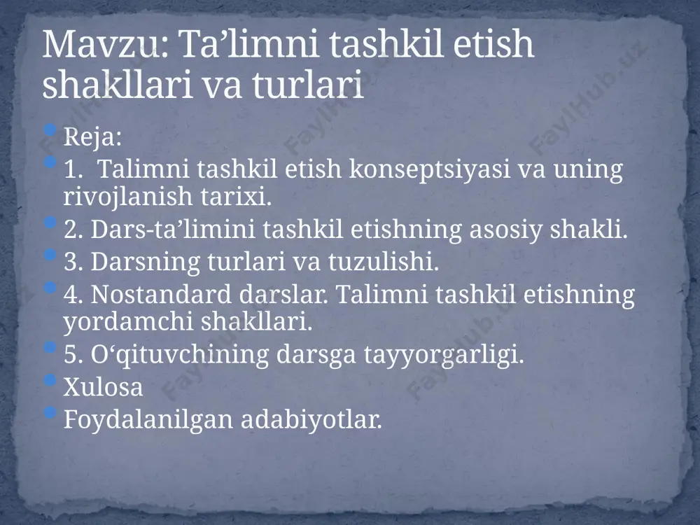 ha o'quvchilarning mashg'ulot jarayonida o'rganilayotgan fan asoslarini egallab olishlari ularning idrok etish qobiliyatlari va manaviy- axloqiy sifatlarini tarbiyalash hamda rivojlantirish uchun qulay sharoitlar yaratib beriladi. dars-ta’limini tashkil etishning asosiy shakli. sinf-dars tizimiga garchi 350 yil avval asos solingan bolsa-da, bugungi kunda ham keng kolamda foydlanilmoqda . uning asosiy mazmuni o'quv ishlarini tashkil etishning o'ziga xos shakli sifatida quyidagilarni oz ichiga oladi: - bir xil yoshdagi va taxminan bir xildagi tayyorgarlik darajasiga ega bolgan talim oluvchilar ,yani o'quvchilar sinfni tashkil etadi. -sinf faoliyati yagona yillik reja va dastur asosida doimiy dars jadvali bo'yicha tashkil etiladi, buning natijasida bolalar maktabga yilning bir vaqti va oldindan belgilangan kun soatlarida kelishlari kerak boladi. -mashg'ulotlarning asosiy birligi dars hisoblanadi. -dars odatda bir fan yoki mavzuga bag'ishlangan boladi, shu bois , talim oluvchilar sinfda bitta material ustida ishlaydilar. -darsda talim oluvchilarning ishiga talim beruvchi rahbarlik qiladi , u oz fani bo'yicha o'qish natijalarini , har bir …