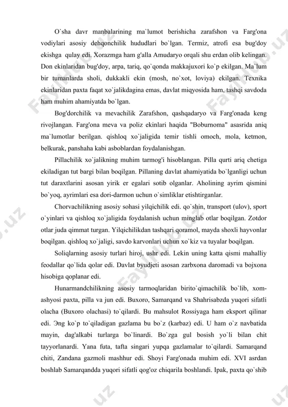 tdor otlar juda qimmat turgan. yilqichilikdan tashqari qoramol, mayda shoxli hayvonlar boqilgan. qishloq xo`jaligi, savdo karvonlari uchun xo`kiz vа tuyalar boqilgan. soliqlarning asosiy turlari hiroj, ushr edi. lekin uning katta qismi mahalliy feodallar qo`lida qolar edi. davlat byudjeti asosan zarbxona daromadi va bojxona hisobiga qoplanar edi. hunarmandchilikning asosiy tarmoqlaridan birito`qimachilik bo`lib, xom-ashyosi paxta, pilla va jun edi. buxoro, samarqand va shahrisabzda yuqori sifatli olacha (buxoro olachasi) to`qilardi. bu mahsulot rossiyaga ham eksport qilinar edi. эng ko`p to`qiladigan gazlama bu bo`z (karbaz) edi. u ham o`z navbatida mayin, dag'alkabi turlarga bo`linardi. bo`zga gul bosish yo`li bilan chit tayyorlanardi. yana futa, tafta singari yupqa gazlamalar to`qilardi. samarqand chiti, zandana gazmoli mashhur edi. shoyi farg'onada muhim edi. xvi asrdan boshlab samarqandda yuqori sifatli qog'oz chiqarila boshlandi. ipak, paxta qo`shib tayyorlangan va ipak qog'oz nomini olgan qog'ozlar keng tarqaldi. shunday qog'ozlardan biri usta nomi bilan "miri ibrohimiy" deb nomlangan. samarqand qog'ozini tayyorlash siri faqat …