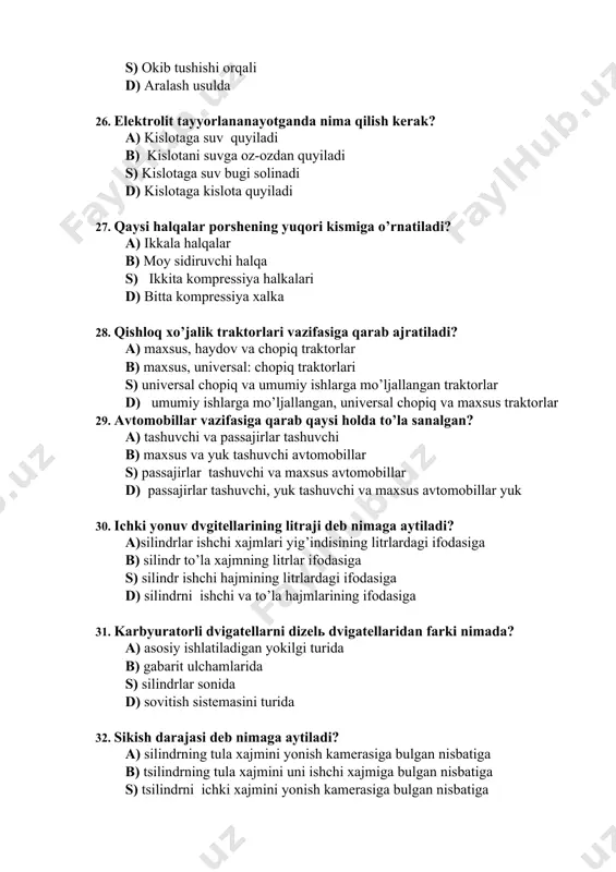 sidagi xajmga d) ishchi xajmga 36. xaqiqiy tsiklning asosiy jarayonlariga qaysi jarayonlar kiradi? a) kiritish, siqish, kengayish va chiqarish jarayonlari b) kiritish, siqish va yonish jarayonlari s) yonish, kengayish va chiqarish jarayonlari d) kengayish, chiqarish va kiritish jarayonlari 37. kiritish jarayonida klapanlar qanday xolotda bo’ladi? a) kiritish klapanlari ochiq chiqarish klapanlari yopiq b) ikkala klapanlar yopiq s) chiqarish klapanlari ochiq kiritish klapanlari yopiq d) ikkala klapanlar ochiq 38. siqish darajasi qaysi dvigatellarda katta? a) dizel dvigatellarda b) karbyuratorli dvigatellarda s) elektrodvigatellarda d) bir xilda 39. dvigatelda puflash qo’llashning afzalligi? a) dvigatel quvvati puflash bosimiga proportsional ortadi. b) tsilindrni to’ldirish ko’payadi s) yangi zaryadning bosimi va xarorati ortadi d) dvigatelni solishtirma kursatkichlari ortadi 40. suyuq yoqilg’ini tejab qolish yo’llari. a) dvigatelni takomillashtirish, boshqa turdagi dvigatelga o’tish, turli yoqilg’i va energiya manbalaridan foydalanish bilan b) dvigatelning yoqilg’i tejamkorligini yanada ko’tarish bilan s) boshqa turdagi dvigatellarga o’tish bilan d) dvigatelning yoqilg’i tejamkorligini yanada …