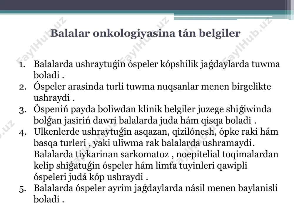uliwma analizi, sidik analizi; kreatinin, qaldik azot, shelochnoy fosfatazi; katexolaminlar. 3. sidik mikdari - búyrekler funktsiyası, sidikte gematuriya hám óspe kletkalarin aniqlaw. 3. ul'tra dawıs tomografiya - búyrekler ishinde óspe, kistoz óspe, suyıqlıq, nuqsanlar. búyrekler jaylasıwı aniklanadi. 4. rentgenografiya kókrek kletkasi - ópke metastazlarin biykar etiw. 5. ekskretor venna ishi urografiya – óspeni jaylasıwı, búyrek deformatsiyasi, qisiliwi, jılısıwı, funktsiyası aniklanadi. 6. kompyuter tomografiya mrt qarin bosliǵi. 7. óspeni teri arqali aspiratsion punktsion biopsiyasi hám punktatni morfologiyalıq tekseriw. bul usıl kórsetpege qaray ayrıqsha jaǵdaylarda atqarıladı. differentsial -diagnostika qarin perde artında jaylasqan neyroblastoma; limfomalar ( xodjkin, noxodjkin qarin artı lokalizatsiyalarinda); qarin perde artı jumsaq toqimalar sarkomasi (angiosarkoma, qáwipli mezenximoma, teratoblastoma, rabdomiosarkoma liposarkoma hám t.b); metastatik óspeler hám qarin perde artı limfa túyinlerine; búyrekler tuyme nuqsan kesellikler; búyrek isiniwi hám tas keselikleri; búyrek ústi bezi kesellikleri; вильмс óspesi hámme jaǵdaylarda kombinaciyalanǵan hám kompleks usullar menen emlenedi . кимёвий даво даволаш хирургик даво усуллари …