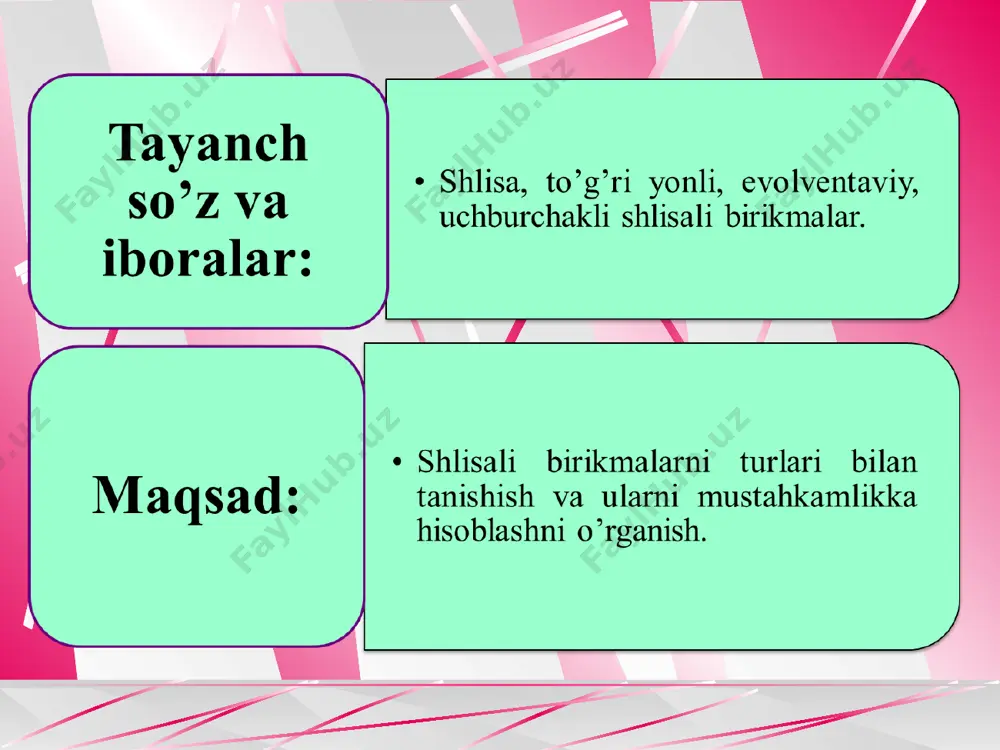 ktirish uchun ishlatiladi. uchburchakli shlisali birikmalarning o’lchamlari standartlashtirilmagan. кo’pincha hisoblashlarda ost 100092-73 da keltirilgan tavsiyalardan foydalaniladi. shlisali birikmalar gupchakni valda quyidagicha markazlashtiradi: a- tashqi diametr bo’yicha; b- ichki diametr bo’yicha; v-yon yoqlari yoki yordamchi silindrik yoki konussimon sirtlar bo’yicha (4-rasm) 4-rasm. shlisali birikmalarni markazlashtirish turlari o’qdoshlikni aniq ta’minlash talab qilinadigan konstruksiyalarda tashqi yoki ichki diametr bo’yicha markazlashtirish qo’llanadi. bunda markazlashtirish diametri texnologik sharoitlarga mos ravishda tanlanadi. agar detalning gupchagiga termik ishlov berilmasa yoki ularning qattiqligi hb ≤ 350 bo’lsa, tashqy diametr bo’yicha markazlashtirish qo’llaniladi. bu holda markazlashtiruvchi sirtlarga aniq va unumdor usullar bilan ishlov berish mumkin, gupchak - sidiriladi, val - aylana jilvirlanadi, 80% to’g’ri yonli shlisali birikmalar tashqi diametr bo’yicha markazlashtiriladi. agar gupchakdagi teshikning qattiqligi hb ≥ 350 bo’lsa, odatda ichki diametr bo’yicha markazlashtirish qo’llanadi. bu holda val va gupchakning markazlashtiruvchi sirtlari jilvirlanadi. shlisalarning yon qirralari bo’yicha markazlashtirish gupchak va valning aniq o’kdoshligini ta’miilamaydi, lekin bu holda shlisalar bo’yicha …