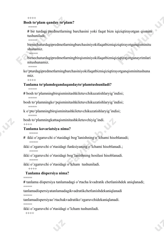 rda natijaviy omil va bitta omil o‘rtasidagi bog‘lanish; ==== natijaviy omil hamda tadqiqotga kiritilgan ikki yoki undan ko‘p omillarning bog‘liqligi; ==== ikkita omil (natijaviy va omillar yoki ikkita omil) o‘rtasidagi bog‘lanish; ==== sifatiy omillar o‘rtasidagi bog‘lanish. ++++ quyidagi qiymatlardan qaysi biri korrelyasiyaning juft koeffitsientini qabul qila olmaydi? ==== # 1,111; ==== -0,973; ==== 0,005; ==== 0,721. ++++ korrelyasiya chiziqli koeffitsientining qaysi qiymatida y va xomillar o‘rtasidagi bog‘lanishni jips (kuchli) deb hisoblash mumkin? ==== # -0,975; ==== 0,657; ==== -0,111; ==== 0,421. ++++ agar y va xomillar o‘rtasidagi korrelyasiya juft koeffitsienti 1 ga teng bo‘lsa, u nimani anglatadi? ==== # to‘g‘rifunksional bog‘lanishning mavjudligi. ==== bog‘lanishning yo‘qligi; ==== teskarikorrelyasionbog‘lanishningmavjudligi; ==== teskarifunksionalbog‘lanishningmavjudligi; ++++ agar y va x omillar o‘rtasidagi korrelyasiya juft koeffitsienti 0,675 qiymatni qabul qilsa, u holda determinatsiya koeffitsienti nimaga teng? ==== # 0,456. ==== -0,675; ==== 0,576; ==== 0,822; ++++ korrelyatsiyakoeffitsientining o‘zgarish sohasi ==== # -1;+1 ==== +2;-1 ==== 0;+3 ==== …