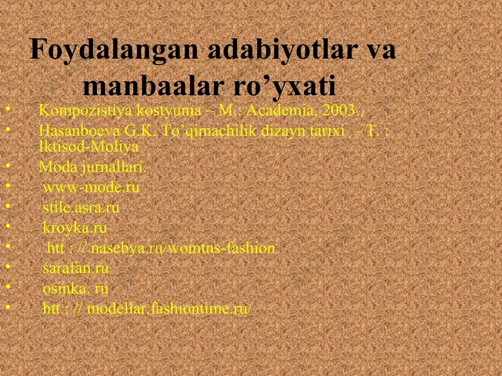 ilan bezatilgan qo’l va oyoqlari go’zallik timsollari bo’lgan" (g. erbes. uarda. m., mir, 1965). me’morchilik misli ko’rilmagan yuksak darajaga erishgan edi. misr ehromlari, ibodatxonalari, shaharlari hozirgi zamongacha odamzodni hayajonga soladi, ular­ning ko’p sirlari haligacha echilmagan. misr — zig`irning vatani hisoblanadi. o’sha zamon zig`ir tola matosining tashqi ko’rinishi va xususiyatlari to’g`risida hozirgacha saqlanib qolgan mato namunalari yordamida tanishish mumkin. barmoqlari bilan sezardi. nil daryosi vodiysining tabiiy sharoitlari ushbu o’simlikni o’stirishga kulay bo’lgan. misr to’quvchilarining mahorati misli ko’rilmagan darajaga erishgan edi. 1sm2 shunday gazmolda 84 tanda va 60 arqoq iplari o’tqazilgan; 240 m juda ingichka va hattoki ko’zga ko’rinmaydigan xom ipning vazni 1 g edi. to’quvchi bunday ipni faqat misrning zig`ir tola matosining yupqaligi tabi­iy ipak matolardan qolishmasdi. tola tilla kashtalar yaltiroq munchoqlar to’rsimon bezatilgan gazmollar mato matoning fakturasi ham har xil bo’lgan. 5 qavat zig`ir tola gazlamadan tayyorlangan kiyim ostidagi tana aniq ko’rinardi. misr naqshi matolarning ranglari rang-barang bo’lgan. rang tanlash …