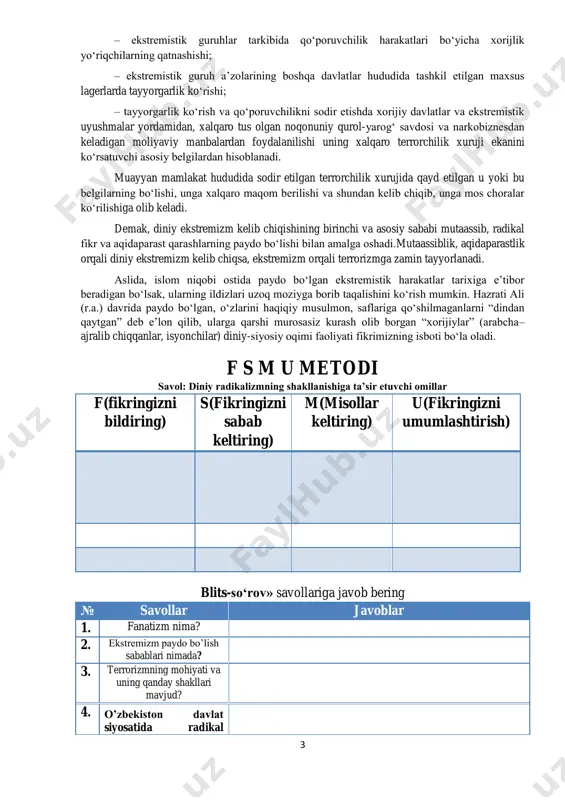 va «o‘zgacha» qarash hamda g‘oyalarga murosasiz munosabatda bo‘lish, boshqa firqa va mazhablarni butunlay rad etishi, ularni tan olmaslikda namoyon bo‘ladi. mutaassiblik barcha davrlarda turli din va yo‘nalishlar orasida keskin nizo va to‘qnashuvlar kelib chiqishiga sabab bo‘lgan. «radikalizm»– (lotin. «tomir», «ildiz», «o‘zak») maqsad-muddaoni keskin, murosasiz amalga oshirish, u yoki bu ishdagi mavjud ahvolni tubdan o‘zgartirishga intilishni anglatadi. «ekstremizm»– (lotincha – «aql bovar qilmas darajada», «haddan oshish») jamiyatda qabul qilingan qonun-qoidalarga zid radikal qarash va harakatlarni anglatadi. bunday harakatlarga diniy tus berish diniy ekstremizmga olib keladi. «diniy ekstremizm» – jamiyat uchun an’anaviy bo‘lgan diniy qadriyatlar va aqidalarni rad etish, ularga zid g‘oyalarni aldov va zo‘rlik bilan targ‘ib qilishga asoslangan nazariya va amaliyotni anglatadi. ekstremistik qarashlarni barcha dinlarda, buddizm, xristianlik, islomdagi turli oqimlarda uchratish mumkin. «terror»– (lotincha – «qo‘rqitish», «vahimaga solish») – aholining keng qatlamlarida dahshat va qo‘rquv uyg‘otish, jamiyatda beqarorlik keltirib chiqarish orqali davlat hokimiyatini egallash maqsadiga qaratilgan jinoiy faoliyatdir. terror, terrorchilik …