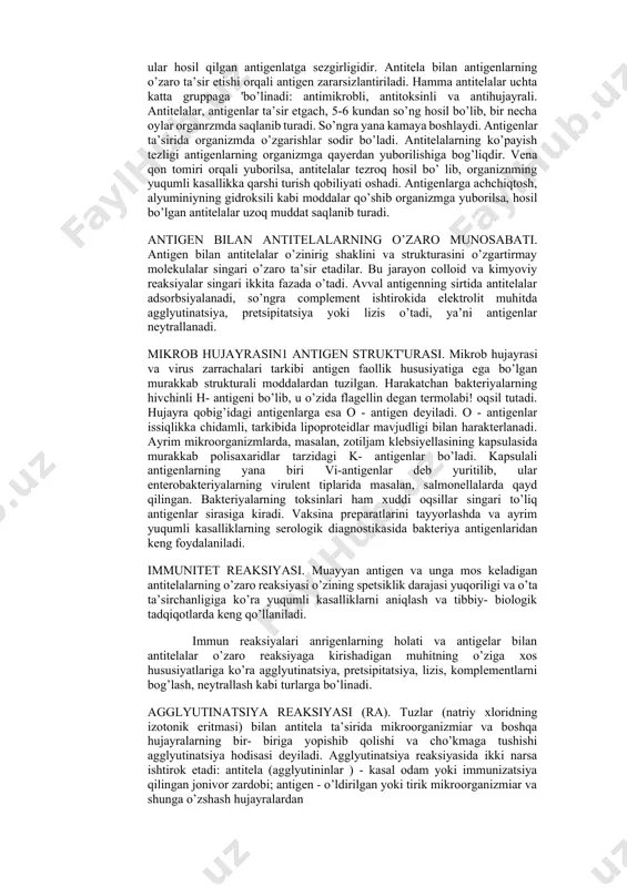 g toun kasalligiga absolyut immunitet bor. nisbiy immunitetda esa organizm fizikaviy - kimyoviy va biologic faktorlar yoki tashqi muhitning ta’sirida qo’zg’tuvchi mikroorganizmiaming katta miqdori bilan zaharlantirilsa, shu qo’zg’tuvchi mikroorganizmlargaorganizmning qarshi turish qobiliyati yo’qoladi. masalan, tabiiy sharoitda kaptar kuydirgi kasalini qo’zg’tuvchi mikroorganizmlarga chidamli. lekin unga avval alkagol berib, keyin mikroorganizmlar yuborilsa, u albatta kuydirgi bilan kasallanadi. iii. anatoma - fiziologik va immunitetn1ng boshqa faktorlari. hayvon va odamlarning organizmi hayotda tashqi muhit va boshqa tirik jonivorlar bilan turli munosabatda bo’lib, ularning ta’siriga javob qaytarish va qarshi turish qobiliyati paydi bo’ladi. hayvonlar va odam organizmi pathogen mikrobning kirishiga to’sqinlik qiladigan, ulami halokatga olib boradigan, yo bo’imasa organizmdan tezlik bilan chiqarib yuboradigan bir necha tabiiy himoya qilish anatoma - fiziologik hususiyatlarga va immunitetning boshqa faktorlariga ega. teri, shilimshiq pardalar, limfa bezlari, ichak va oshqozon shirasi, lizotsin moddasi, o’t, fagotsit va gumoral anatoma - fiziologik faktorlar bo’lib, ular organizmni mikrobdan himoya qiluvchi to’siq sifatida himoya …
