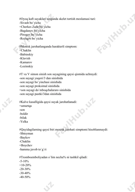 kombinirlashgan +aralash -ko`plab -to`g`ri javob yo`q -hamma javob to`g`ri #travmatik shokda farqlanadi: -erektil faza -torpid faza +erektil va torpid faza -to`g`ri javob yo`q -koma #shokning torpid faza darajalari: -6 -3 -2 -1 +4 #shokning 1 darajasida sistolik aqb: +100 mm hg ust -80 mm hg ust -70 mm hg ust -40mm hg ust -90mm hg ust #shokning 2 darajasida sistolik aqb: -100 mm hg ust +80 -90 mm hg ust -70 -75 mm hg ust -40mm hg ust -90mm hg ust #shokning 3 darajasida sistolik aqb: -100 mm hg ust -80 -90 mm hg ust +75 mm hg ust -40mm hg ust -90mm hg ust #termik shok darajalari: +3 -2 -1 -6 -11 #faqat 1 qo`l yoki oyoq falaji nima deyiladi: +monoparez -paraparez -gemiparez -kvadriparez -hammasi to`g`ri #qo`l yoki oyoq falaji nima deyiladi: -monoparez +paraparez -gemiparez -kvadriparez -hammasi to`g`ri #qo`l va oyoq falaji nima deyiladi: -monoparez -paraparez -gemiparez +kvadriparez -hammasi …