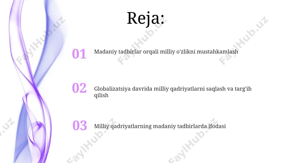 r-oqibat va vatanparvarlikni ko'rsatish, xalqning o'ziga xosligini mustahkamlaydi. san'at va milliy ruh san'at va milliy ruh o'zbek musiqasi, xususan maqom san'ati, 6 ta asosiy maqom va ularning 100 dan ortiq sho'balari orqali milliy g'urur va madaniy merosni ulug'laydi, tinglovchilarni 2500 yillik tarixga olib boradi. madaniyat va milliy o'zlik madaniyat va milliy o'zlik "madaniyat va milliy o'zlik" tushunchasi, milliy urf-odatlar, an'analar, til va san'at asarlarini o'z ichiga oladi va ular orqali 35 milliondan ortiq o'zbekistonlik o'z madaniyatini ifodalaydi. adabiyot orqali milliy qadriyatlarni targ'ib qilish adabiyot orqali milliy qadriyatlarni targ'ib qilish adabiyotda "mehr-oqibat" tushunchasi keng yoritiladi; bu, xalqning 99% qismiga xos bo'lgan, bir-biriga g'amxo'rlik qilish, o'zaro yordam berish kabi an'analarni aks ettiradi. globalizatsiya va milliy qadriyatlar globalizatsiya sharoitida milliy qadriyatlarni saqlash uchun 10 dan ortiq madaniy festival va tadbirlarni tashkil etish, ularda 90% milliy elementlar aks etishi muhimdir. globalizatsiya jarayonida milliy qadriyatlar 3 xil ta'sirga duch keladi: assimilyatsiya, moslashuv va rad etish. …