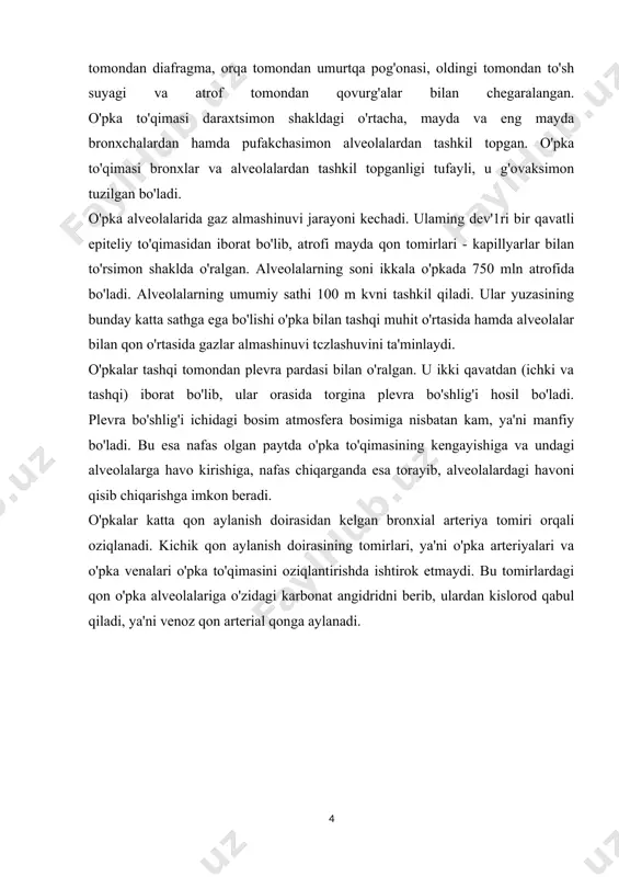 undagi alveolalarga havo kirishiga, nafas chiqarganda esa torayib, alveolalardagi havoni qisib chiqarishga imkon beradi. o'pkalar katta qon aylanish doirasidan kelgan bronxial arteriya tomiri orqali oziqlanadi. kichik qon aylanish doirasining tomirlari, ya'ni o'pka arteriyalari va o'pka venalari o'pka to'qimasini oziqlantirishda ishtirok etmaydi. bu tomirlardagi qon o'pka alveolalariga o'zidagi karbonat angidridni berib, ulardan kislorod qabul qiladi, ya'ni venoz qon arterial qonga aylanadi. уткиp бpoнxит caбaби: oдaтдa aнтибaктepиaл дaвo тaлaб этмaйдигaн виpycли инфeкция. ўткир бронхит келиб чиқиш сабаблари ва хос белгилари i. а гриппи вируси - ҳар 3 йилда 1 марта бутун мамлакатларни қамраб олувчи катта эпидемиялар; клиник ифодаланган гриппнинг энг кўп сабабчиси; касалликнинг оғир кечиши, эпидемия вақтида ўлим кўрсатгичи юқори бўлади ii. в гриппи вируси - ҳар 5 йилда 1 марта бўлувчи эпидемия; а вирусдан кўра пандемиялар камроқ ва касалликнинг кечиши енгилроқдир iii. 1-3 турдаги парагрипп - бир-бири билан эпидемиологик нуқтаи-назардан боғлиқ бўлмаган, яккаланган ҳолатлар iv. аденовирус - бир-бири билан эпидемиологик нуқтаи-назардан …