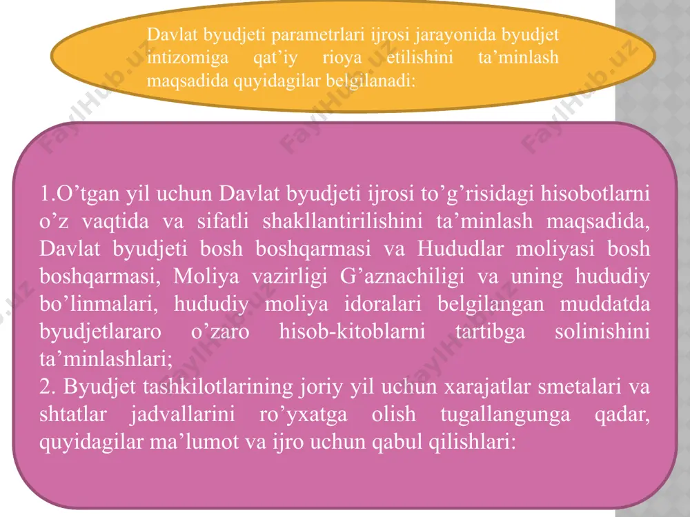 aharlar hokimliklarining moliya bo‘limlari o‘z vakolatlari doirasida: davlat moliyaviy nazorati natijalari bo‘yicha rasmiylashtiriladigan hujjatlar yakuniy nazorat tarzidagi davlat moliyaviy nazoratining natijalari davlat moliyaviy nazorat organining mansabdor shaxsi tomonidan: tekshirish va taftish natijalari bo‘yicha tuziladigan hujjat — dalolatnoma; davlat moliyaviy nazorati natijalarini umumlashtiruvchi hujjat — jamlanma dalolatnoma; o‘rganish va nazorat tartibida tekshirish natijalari bo‘yicha tuziladigan hujjat — ma’lumotnoma yoki xulosa tarzida rasmiylashtiriladi. davlat moliyaviy nazorati natijalarini rasmiylashtirish yakuniy nazorat tarzidagi davlat moliyaviy nazorati natijalariga doir hujjatlar quyidagilar ko‘rsatilgan holda rasmiylashtiriladi: rasmiylashtirilayotgan hujjatning turi; tekshirish o‘tkazilgan joy, hujjat tuzilgan sana; davlat moliyaviy nazoratini o‘tkazish uchun asos; davlat moliyaviy nazoratining turi va uni o‘tkazish davri; davlat moliyaviy nazoratini o‘tkazgan mansabdor shaxslarning familiyasi, ismi va otasining ismi; davlat moliyaviy nazorati obyektining to‘liq nomi, nazorat bilan qamrab olingan davr uchun mas’ul mansabdor shaxslarning lavozimi, familiyasi, ismi va otasining ismi ular egallab turgan lavozimlarida ishlagan davr albatta ko‘rsatilgan holda; davlat moliyaviy nazorati obyektining joylashgan eri (pochta …