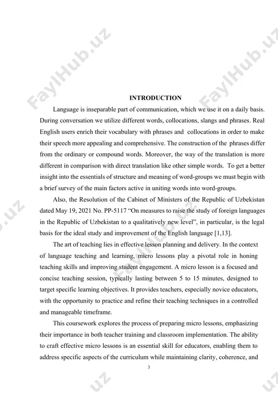 emphasis on effective teaching methods that maximize learning in a limited amount of time. micro lessons, with their focused and concise approach, have become a cornerstone of teacher training and classroom implementation. they allow educators to target specific learning objectives while fostering engagement and ensuring comprehension. the need for time-efficient and impactful teaching techniques makes the study of micro lessons highly relevant for both novice and experienced teachers. moreover, in an era where diverse instructional methods are encouraged, micro lessons serve as a versatile tool adaptable to various subjects, learning environments, and student needs. the aim of the course work is to explore the principles, processes, and strategies for preparing effective micro lessons. it seeks to provide educators with a clear framework for designing and delivering micro lessons that address specific learning objectives while promoting active participation and engagement. additionally, this coursework aims to enhance teachers' ability to evaluate and …