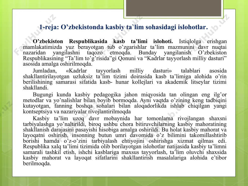rgarligiga qo’yilgan talabdir. kompetentlik – inson tomonidan faoliyat predmetiga tegishli kompetentsiyalarni egallaganlikdir. kompetentlikning m.a.choshanov ta’rifiga ko’ra formulasi: bilimning mobilligi taffakurning tanqidiyligi kompetentlik metodning moslashuvchanligi 2-reja: kasbiy ta`lim sohasidagi yangi pedagogik texnologiyalar zaruriyati. hozirgi zamonda kasb ta’limi o’qituvchilarini tayyorlashda yaratilgan yangi pedagogik shart-sharoitlar asosida zamonaviy ta’lim texnologiyalarini amaliyotga joriy etish tajribalaridan foydalanib, talabalar bilimlarini muntazam ravishda rivojlantirib borish va bunda samarali innovatsion uslublarni o’zlashtirgan holda, ularni amaliyotga joriy qilish borasida faoliyat olib borish lozim. bugungi kunda zamonaviy ta’lim texnologiyalari deganda o’qitishning texnik vositalari yoki kompьyuterlardan foydalanish tushunilmaydi, balki bu ta’lim samaradorligini oshiruvchi omillarni tahlil qilish, ishlab chiqish hamda usul va materiallarni qo’llash, shuningdek qo’llanilayotgan usullarni baholash yo’li orqali ta’lim jarayonining asoslarini va uni maqbullashtirish yo’llarini ishlab chiqish demakdir. zamonaviy ta’lim texnologiyalari ta’limning belgilangan maqsadi va ta’lim oluvchining bilim darajasiga ko’ra o’quv faoliyatini boshqarishning nazariy loyihasi va pedagogik tizimning amalda bo’lishini ta’minlovchi zarur vositalar tizimidir. kasbiy ta’lim tizimida tayyorlanayotgan bo’lajak o’qituvchilar tomonidan …