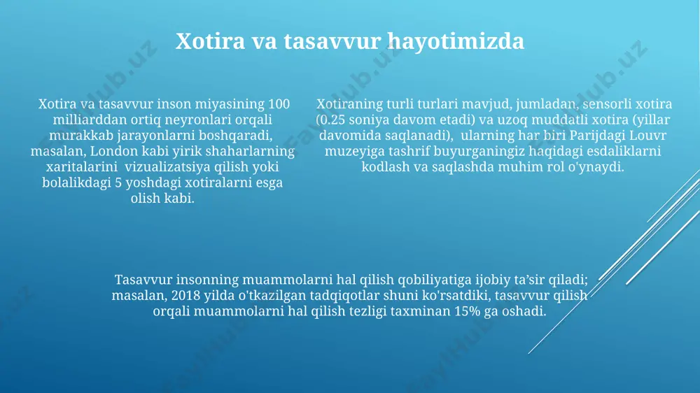 i. tasavvurning mexanizmlari tadqiqotlar shuni ko'rsatdiki, tasavvur qilish qobiliyati individual farqlanadi va 10-15 yosh oralig'ida eng yuqori cho'qqiga chiqadi. bu yoshdagi bolalar murakkabroq tasavvurlarni, masalan, nyu-yorkdagi osmon o'tkazgichlarini tasavvur qila olishlari mumkin. tasavvur jarayonida miyaning gipokampus, amigdala va prefrontal korteks kabi 20 dan ortiq sohalari faol ishtirok etadi, bu esa murakkab tasvirlarni yaratishga imkon beradi, masalan, london ko'chalari tasavvurini yaratishda. tasavvur paytida, vizuospatial eskiz bloki deb ataluvchi miya hududi, taxminan 30 millisekund ichida, yangi tasvirlarni yaratish uchun mavjud xotiralardan foydalanadi, bu esa parijdagi eyfel minorasi tasavvurini yaratish tezligini belgilaydi. e'tiboringiz uchun rahmat @taqdimot_robot
