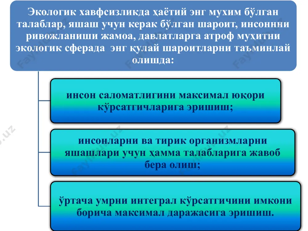 ттасил бир жойдан иккинчи жойга кўчириш ва кўтариш билан боғлиқ ишлар киради. бунда энергия сарфи соатига 250 ккал (293 ж.с) дан юқори бўлади. бундай ишлар темирчилик, қуюв ва бошқа қатор цехларда бажарилади. микроиқлим ишчи ҳудудда ишчиларнинг доимий ва вақтинча турган жойидан 2 м баландликда баҳоланади. энг қулай шароитлар–терморегуляция механизмлари кучланишисиз организмнинг нормал иссиқлик аҳволини таъминловчи ҳамда узоқ ва мунтазам инсонга таъсир қилувчи микроиқлим ўлчамларининг йиғиндисидир. инсонга узоқ мунтазам таъсир этишда терморегуляция механизмлари- кучланиши билан давом этадиган организмнинг иссиқлик ҳолатида дарҳол нормаллашувчи ўзгаришлар чақирадиган микроиқлим ўлчамлари йиғиндиси йўл қўйиладиган иқлим шароитлари деб қаралади. ҳарорат, нисбий намлик ва ҳаво ҳаракатининг тезлиги рисоладаги ва йўл қўйилиши мумкин бўлган миқдорлар кўринишида нормаланади. ишлаб чиқариш хоналари иш хонасидаги ҳавонинг ҳарорати, нисбий намлиги ва ҳаракат тезлигининг нормалари. йил фасли иш категориялари ҳавонинг ҳарорати, ос нисбий намлиги, % ҳаракат тезлиги, м/c совуқ енгил - i 20 – 23 60 - 30 0,2 ўртача оғирликдаги-iiа 18 – 20 …