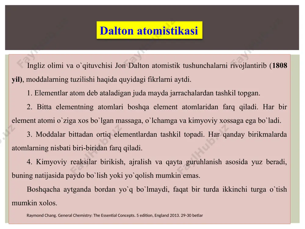a benzolga mos keladi. lekin, analiz qilingan moddaning xossalari va molekulyar massasi asosida uning molekulyar formulasini keltirib chiqarish mumkin. bundan tashqari tibbiyotda antiseptik modda hamda oqartiruvchi sifatida ishlatiladigan vodorod peroksidi h2o2 tarkibida vodorod va kislorod atomlari 2:2 yoki 1:1 nisbatda bo`lishini, gidrazinda azot va 1:2 nisbatda bo`lsada nh2 emas, balki n2h4 ekanligi aniqlangan. raymond chang. general chemistry: the essential concepts. 5 edition, england 2013. 41-42 betlar 11 grafik formula. molekuladagi atomlar orasida bog`lanish hosil qilishda qatnashgan electron juftlarning har birini valent chiziqlar orqali ifodalash vositasidir. bunday formulalar atomlar orasidagi bog`larni aks ettiradi h-o-h yoki h-c  c-h. ular molekulaning geometric shaklini, undagi fazoviy holatni aks ettirmaydi. elektron formula. molekuladagi atomlar har birining tashqi valent pog`onasidagi bog`lovchi (yadrolar oralig`ida taqsimlangan) va taqsimlanmagan elektronlarni aks ettirgan tuzilish formulaga o`xshash ko`rinishga ega bo`ladi. 12 molekulyar struktur formula. molekuladagi atomlar orasidagi masofalar, valent burchaklarning kattaligi haqidagi ma’lumotlarni aks ettiradi. molekulyar tabiatli moddalrning tuzilish formulalrini …