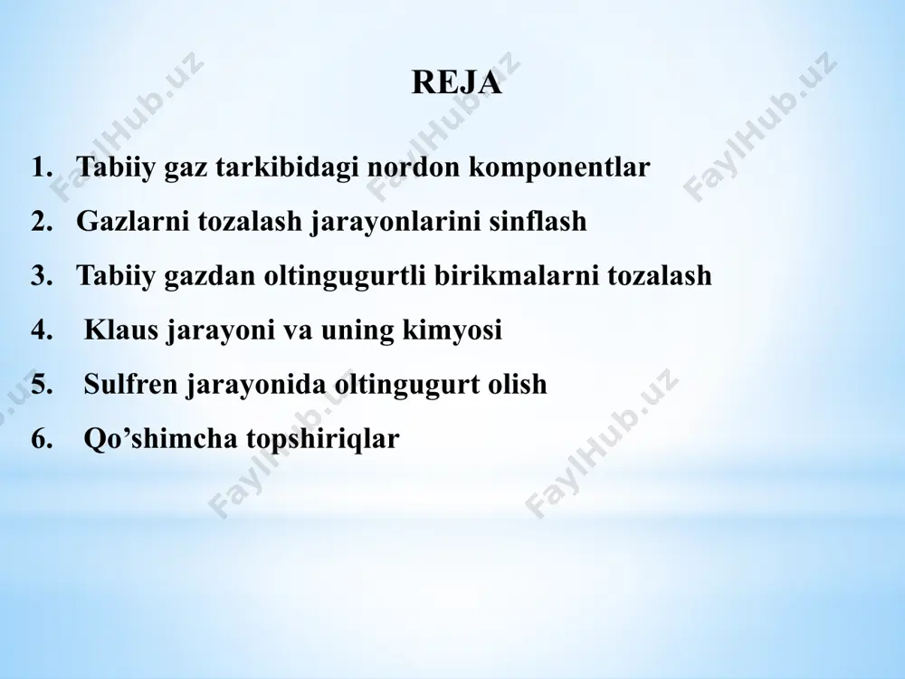 belgilanadi: apparatning korroziyasini oldini olish va kerakli sifatli mahsulotlarni olish uchun oltingugurt birikmalarini olib tashlash kerak; - agar qayta ishlangan gazda karbonat angidrid bo'lsa, u holda gaz sovutilganda qattiq co2 shakllanishiga yo'l qo'ymaslik uchun uni olib tashlash kerak; - sotiladigan mahsulotlar tarkibidan oltingugurtni qayta ishlab tozalashni talab qiladi. tabiiy gaz tarkibidagi nordon komponentlar: vodorod sulfid tiollar (merkaptanlar) oltingugurtli gazlarning sinflanishi gazlarni tozalash jarayonlarini sinflash 1. absorbsiya jarayonlari 2. adsorbsiya jarayonlari 3. xemosorbsiya jarayonlari 4. kombinatsiyalangan jarayonlar: - selektiv bo’lishi; - kimyoviy va termik barqaror; - bug’ bosimi va korroziyasi past bo’lishi; - yuqori yutish qobiliyati; - uv larga nisbatan inert; - arzon bo’lishi va noyob bo’lmasligi; - kam zaharli bo’lishi kerak. 5. oksidlash jarayonlari kimyoviy jarayonlar h2s dan oltingugurtni sanoat miqiyosida ishlab chiqarishning ikki bosqichli usuli mavjud: i bosqich: h2s ning so2 ga termik oksidlanishi. h2s ni 900-1350 °c da stexiometrik miqdordagi kislorod bilan oksidlanadi: 2h2s + 3o2 ↔ 2so2 …