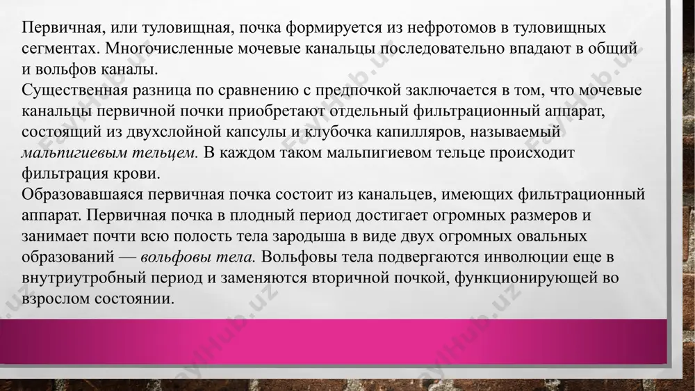 ческих функций, и представление о них только как об органе выделения не отражает истинного их значения. к функциям почек относится их участие в регуляции: объема крови и других жидкостей внутренней среды; постоянства осмотического давления крови; постоянства ионного состава жидкостей внутренней среды и ионного баланса организма; кислотно-щелочного равновесия; экскреции (выделения) конечных продуктов азотистого обмена (мочевины) и чужеродных веществ (антибиотиков); экскреции избытка органических веществ, поступивших с пищей или образовавшихся в ходе обмена веществ (глюкоза, аминокислоты); артериального давления; свертывания крови; стимуляции процесса образования эритроцитов (эритропоэза); секреции ферментов и биологически активных веществ (ренин, брадикинин, урокиназа) обмена белков, липидов и углеводов. функции почек функции почек многообразны и важны для жизнедеятельности организма. выделительная (экскреторная) функция — основная и наиболее известная функция почек. она заключается в образовании мочи и удалении с ней из организма продуктов метаболизма белков (мочевины, солей аммония, креагинина, серной и фосфорной кислот), нуклеиновых кислот (мочевой кислоты); избытка воды, солей, питательных веществ (микро- и макроэлементов, …