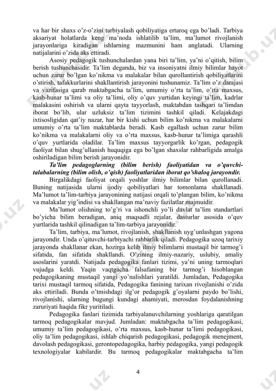 hiqilgan butun dunyo hamjamiyati tan olgan, qadamba-qadam amalga oshirilayotgan “o’zbek modeli”da juda to’g’ri belgilandi. dunyoda birinchi bor insonni diqqat-e’tibori uni o’zligini anglashga qaratildi. o’zligini anglash birinchidan, uning ozod, erkin, nodir, ulug’ siymoligini anglash va o’zida unga amal qilish sifatlarini shakllantirib borish bo’lsa, ikkinchidan uning o’ziga xos milliy-insoniy sifatlarini ochib beruvchi etnik, ma’naviy-insoniy asoslarini anglash va ularga amal qilishdan iboratdir. yuqorida sanab o’tilgan ikki sifat komil inson sifatning asosini tashkil etadi. chunki komil inson sifatlarini tarbiya sohasidagi ilmlarni xulosalab, mujassamlashtirilsa, ular asosan uchta: 1. ezgu niyat, fikr: 2. ezgu so’z, xushmuomala: 3. ezgu ish, ezgu faoliyatdan iboratdir. shu yuqoridagi uch sifat o’qitishning, ta’lim-tarbiyaning bosh maqsadidan iboratdir. bu bosh maqsad insonlarda, yoshlarda, mutaxassislarda komillik sifatlarini takomillashtirish, yoshlarni zamonaviy, axloqiy-amaliy o’quv, malaka, ko’nikmalar bilan qurollantira borish, mutaxassislarda har bir sohaga mos ilm, bilim, ko’nikmalar hosil qilishdan iborat bo’lgan pedagogika fanining zamonaviy fan asoslarini kengayganligini ko’rsatadi. pedagogika fanining predmeti, o’qitishning ta’lim-tarbiyaning zamonaviy qonuniyatlari, mazmuni, …