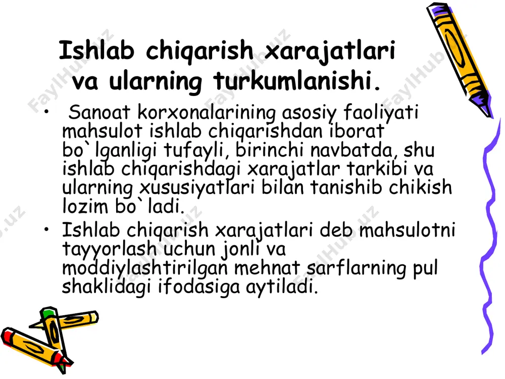 i aks ettiriladi. bu schyotlarning debeti hisobot davrida boshiga qolgan tuganlanmagan ishlab chiqarish xarajatlari summasini ko`rsatadi. 2310 va 2320-schyotlarida xarajatlarni hisobga olishda quyidagi yordamchi ishlab chiqarishlar foydalanadi: - turli xil energiyalar, elektroenergiya, gaz va boshqalar bilan xizmat ko`rsatish; - transport xizmatlarini ko`rsatish; - asosiy vositalarni ta`mirlash; - instrumentlar, shtamplar, qurilish detallari, konstruktsiyalar tayyorlash yoki qurilish materiallarini boyitish(asosan qurilish korxonalarida); - tosh, shag’al, qum va boshqa rudasiz materiallar kazib olish; - yogoch tayyorlash va yog’och arralash; - qishloq xo`jalik mahsulotlarini tuzlash, qoqi qilish va konservalash(asosan savdo korxonalarida); - maxsus kiyimlar va maxsus poyafzallarni ta`mirlash ,tikish va boshqalar. murakkab yordamchi ishlab chiqarishlar – instrumentlar, ta`mirlash tsexlari va transport tsexlari turli ishlarni bajaradi, ko`p texnolologiya operatsiyalaridan iborat mahsulotlar tayyorlaydi yoki xizmatlarni ko`rsatadi. har bir mahsulot va ishlar bo`yicha rejalashtirish va mahsulot tannarxini hisoblash buyurtmalar va kal’ulyatsiya moddalari bo`yicha olib boriladi. 2310 «yordamchi ishlab chiqarish», 2320 «boshqa ishlab chiqarishlar» schyotlarining debetida mahsulot ishlab chiqarish, …