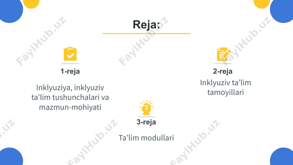 on —ta’limga qo‘shish, ta’limga kiritish, birgalikdagi ta’lim) inklyuziv ta’lim (lot. integratio – “tiklash”, “to'ldirish”, “ulanish”) - qismlarni bir butunga birlashtirish jarayoni. integratsiya maxsus ta’limning yo‘nalishlari tiflopedagogika surdopedagogika logopediya oligofrenopedagogika nogironligi bo‘lgan bolalar - bu barcha toifadagi nogironlikka ega bo‘lgan bolalar. alohida ta’lim ehtiyojlari bo‘lgan bolalar - bu ta’limga alohida ehtiyojlari bo‘lgan bolalar tushuniladi. nogironligi bo‘lgan bolada ta’limga alohida ehtiyojlari paydo bo‘ladi. natijada masalan, nogironligi bo‘lgan bola umumta’lim maktabida sog‘lom bolalar qatorida ta’lim olishni istaydi, biroq umumta’lim maktabida nogironligi bo‘lgan bola hech qandan sharoit yo‘q. nogironligi bo‘lgan bolalarning toifalari toifa eshitishida nbb toifa ko‘rishda nbb toifa harakat-tayanchida nbb toifa toifa nutqida nbb murakkab nuqsonli bolalar aqliy rivojlanishda nbb psixik yetishmovchiligi bb toifa toifa eshitishida nuqsoni bo‘lgan bolalarning darajalari 1. karlar 2. zaif eshtuvchilar 1-guruh 125-250 gerts. og‘ir daraja 3-guruh 125-250-500-1000 gerts. o‘rta daraja 3-4 ta unlilarini va tanish so‘zlarni ajratadilar 4-guruh 125-250-500-2000 gerts. yengil daraja 2-guruh 125-250-500 gerts. quyi daraja “o”, …