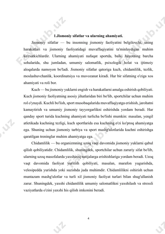 om va faol hayot tarzi uchun zarurdir. koordinatsiya — bu tananing turli qismlarining birgalikda ishlash qobiliyatidir. koordinatsiya jismoniy faoliyatda muhim ahamiyatga ega, chunki harakatlarni aniq va samarali bajarishga yordam beradi. sportchilarda yuqori koordinatsiya darajasi mavjud bo'lib, bu ularning natijalarini yaxshilashga yordam beradi. koordinatsiyani oshirish uchun muvozanat mashqlari va o'yinlar o'tkaziladi. yaxshi koordinatsiya hayotdagi kundalik faoliyatda ham, masalan, harakatlarimizni muvofiq ravishda bajarishda, muhim rol o'ynaydi. muvozanat — bu tana holatini saqlash va harakatlarni aniq bajarish qobiliyatidir. muvozanat sportchilarda yuqori darajada bo'lishi kerak, chunki ularning harakatlari aniq va samarali bo'lishi zarur. muvozanatni rivojlantirish uchun maxsus mashqlar va treninglar o'tkaziladi. muvozanat nafaqat sportda, balki hayotda ham muhim ahamiyatga ega, chunki bu insonning xavfsizligini ta'minlaydi, jarohatlardan himoya qiladi va umumiy jismoniy faoliyatini yaxshilaydi. jismoniy sifatlarning ahamiyati shundaki, ular nafaqat sportchilarning muvaffaqiyatini ta'minlaydi, balki sog'lom turmush tarzini rivojlantiradi. jismoniy sifatlar orqali inson o'z salomatligini mustahkamlashi, stress bilan kurashishi va hayot sifatini oshirishi mumkin. muntazam jismoniy …