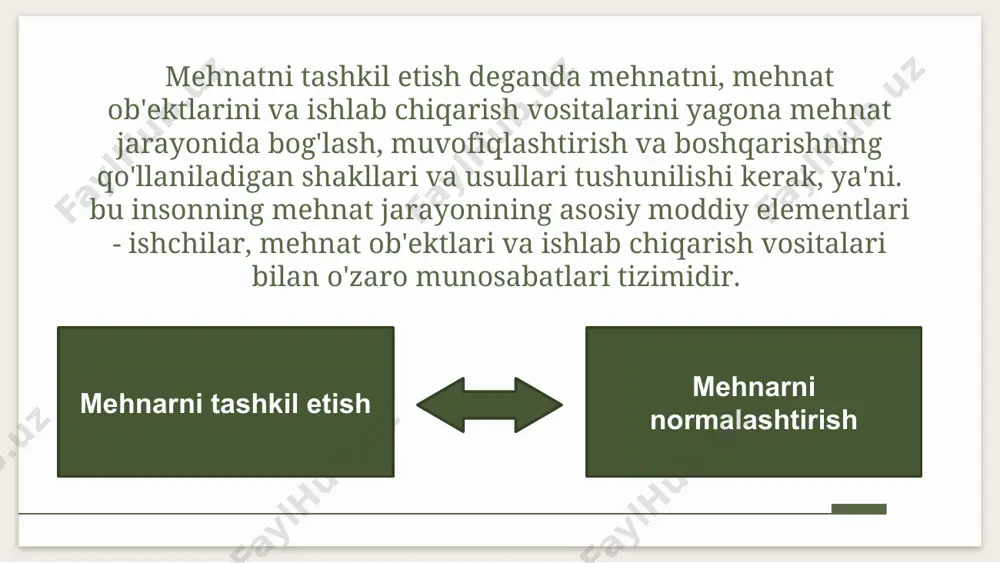 hni oqilona tashkil etish: mehnat jamoalarini jamoaviy rag'batlantirish shakllarini takomillashtirish; samarali individual bonus tizimlarini qo'llash; individual mehnatga haq to'lash shakllari va tizimlarini iqtisodiy asoslash; ma'naviy rag'batlantirish shakllarini takomillashtirish va keng joriy etish; mehnatni tashkil etish tamoyillari kompleks yondashuv barqarorlik tizimlilik tartibga solish mutaxasislik murakkablik