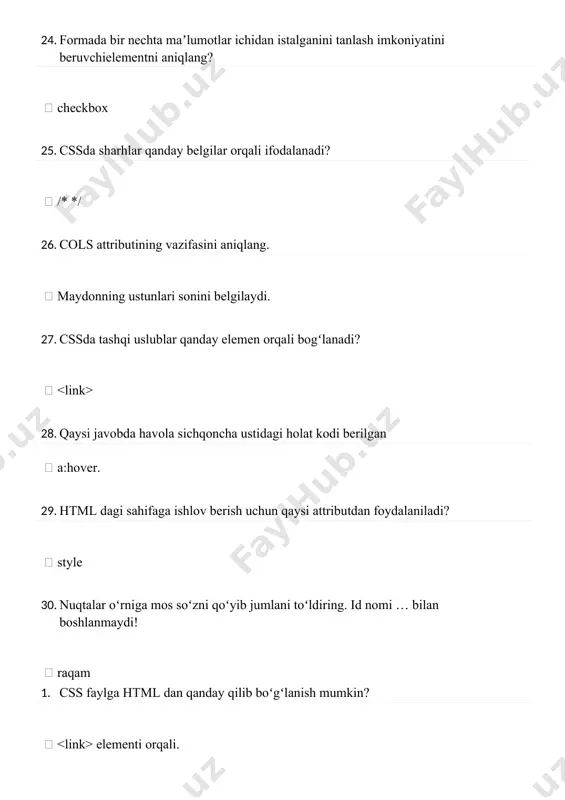 avobni belgilang.  document.getelementbyid(‘..’); 18. css ning kengaytmasini to‘g‘ri ko‘rsating.  cascading style sheets 19. inputga matnli ma’lumot kiritish uchun type =” ? ” nima yozilishi kerak?  text 20. quyidagi yozilgan kodning natijasini aniqlang. h  browserda salom so‘zi kursiv ya’ni egilgan holatda hosil bo‘ladi 1. sahifa fon rangini tanlashda bir emas bir necha ranglar uyg‘unligidan foydalanish uchun qaysi xususiyatdan foydalaniladi?  background: linear-gradient() 2. html so‘zining kengaytmasi nima?  hyper text markup language 3. css ni qo‘shishni nech xil yo‘li mavjud?  3 4. qaysi style gorizontal yo‘nalish bo‘yicha eng o‘rta qismiga joylashtirishishi mumkin?  margin: auto; 5. rgb(255, 0 , 0) bu qaysi rang?  qizil 7. javascriptda o‘zgaruvchi qaysi teg orqali e'lon qilinadi?  8. jqueryda submit() hodisasi nima vazifa bajaradi?  ma’lumotlar jo‘natilgan holat 10. css3 orqali bloklarga soya hosil qilsih qaysi xususiyat orqali amalga oshiriladi?  box-shadow 12. html da forma hosil qiluvchi element …