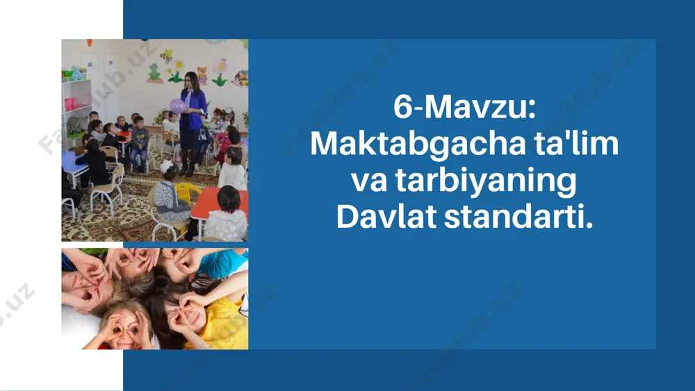 bgacha ta'lim va tarbiya davlat standartida quyidagilar nazarda tutilgan: 01. - ilk va maktabgacha yoshdagi bolalar rivojlanishiga qo‘yiladigan davlat talablari; 03. - davlat maktabgacha ta'lim tashkilotlarini o‘yinlar to‘plami, o‘yinchoqlar, mebel, jihozlar va boshqa texnik vositalari bilan jihozlash normalari; 02. - reabilitatsiya vositalari bilan jihozlash normalari; 04. - maktabgacha ta'lim va tarbiyaning davlat o‘quv dasturi maktabgacha ta'lim va tarbiyaning davlat standarti. maktabgacha ta'lim vazirligi tomonidan tizimdagi davlat maktabgacha ta'lim tashkilotlari uchun markazlashtirilgan holda jihozlarni xarid qilish bo‘yicha komissiya tarkibi ham tasdiqlandi. davlat standartining maqsadi maktabgacha ta'lim tizimini zamonaviy talablarga asoslangan holda tashkil etish, bolalarni sog‘lom va har tomonlama yetuk qilib voyaga yetkazish hisoblanadi. - ijodiy rivojlanish. - nutq, muloqot, o‘qish va yozish malakalari; - bilish jarayonining rivojlanishi; ijtimoiy-hissiy rivojlanish; - jismoniy rivojlanish va sog‘lom turmush tarzining shakllanishi; 1 2 3 4 5 davlat talablarini belgilash: 1 2 3 - ilk va maktabgacha yoshdagi bolalar rivojlanishiga qo‘yiladigan davlat talablari; - maktabgacha ta’lim …
