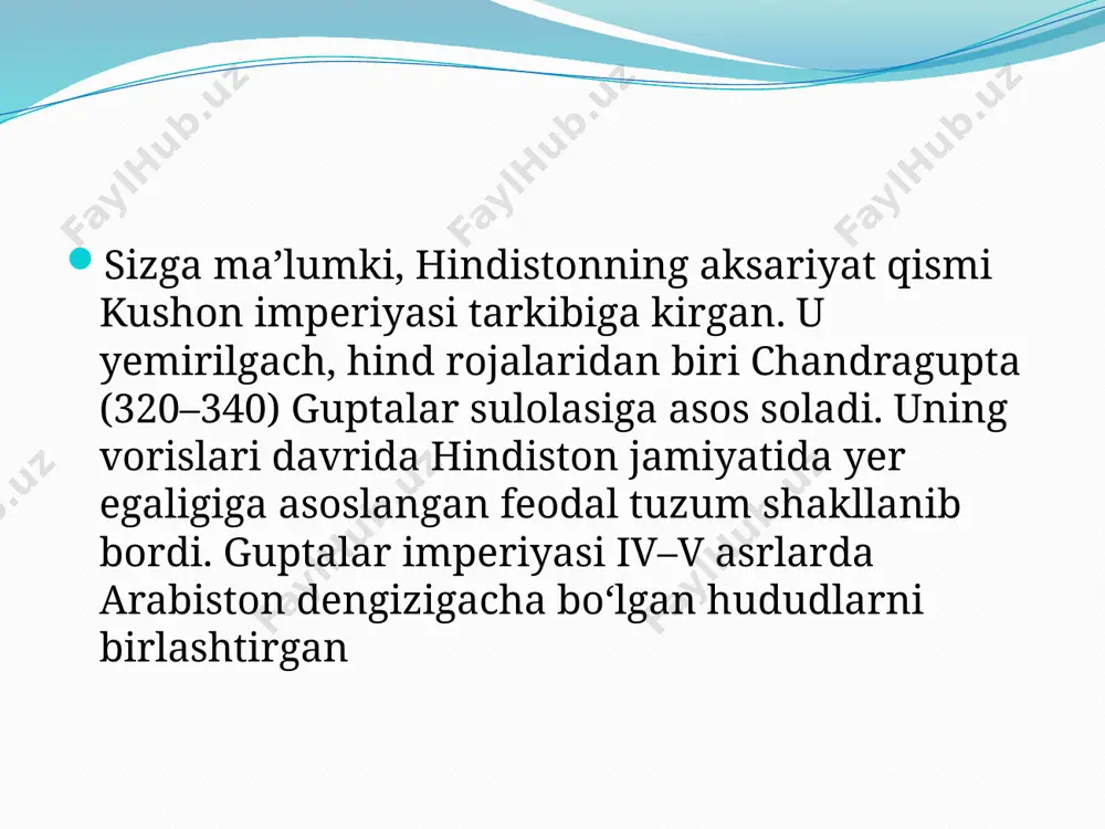 – xarsha imperiyasi tashkil topadi. bu imperiyaga kanudja rojasi xarsha (606–647) tomonidan asos solingan. imperiya gang daryosi vodiysi bo‘ylab sharqiy panjobdan to bengaliya qo‘ltig‘igacha bo‘lgan hududlarni o‘z ichiga olgan. xarsha shoir va dramaturg bo‘lib, saroyida ko‘plab rassom hamda shoirlarni to‘plab, poytaxti – udjayini shahrini madaniy markazga aylantiradi. u har yili dunyo olimlarining anjumanini o‘tkazib, ularga ko‘plab sovg‘alar hadya qilgan. xarshaning ajdodlari hinduiy bo‘lsa-da, u buddaviylik dinini qabul qiladi. buddaviylik ibodatxonalarini qurish uchun katta ishchi kuchi va mablag‘ ajratadi. uning davrida markaziy hindiston rojalari ham bo‘ysundiriladi. vassal rojalar qirqqa yaqin bo‘lgan. xarsha imperiyasi uzoq yashamaydi. vassal rojalarning ayirmachilik harakati imperiyani zaiflashtiradi. bora-bora rojalar amalda butunlay mustaqil bo‘lib oladilar. xarsha vafotidan so‘ng davlat zaiflashib qolgan bo‘lsa-da, mamlakat xiii asrning boshlariga qadar hindiston hududidagi so‘nggi yirik imperiya sifatida mavjud bo‘lgan. hindistondagi siyosiy tarqoqlik vaqti-vaqti bilan bartaraf etilganday bo‘ladi. ammo bu turdagi davlatlar bir necha knyazliklardan iborat bo‘lib, markaziy hokimiyat zaifligi sababli tez parchalangan. …