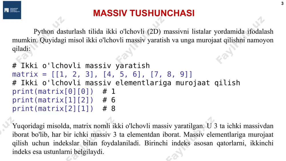 a, massiv elementlari chiqariladi. massiv tushunchasi алгоритмы и программирование, язык python, 10 класс  к.ю. поляков, е.а. ерёмин, 2018 http://kpolyakov.spb.ru * pythonning kuchli massiv operatsiyalarining yanada ko'proqini o'rganishingiz mumkin. list obyektlari va indekslarni yaxshiroq tushunish orqali, ikki o'lchovli massivlar bilan ko'p amallarni bajarish mumkin. massiv tushunchasi алгоритмы и программирование, язык python, 10 класс  к.ю. поляков, е.а. ерёмин, 2018 http://kpolyakov.spb.ru pythonda bir va ko‘p o‘lchovli massivlar bilan ishlovchi kutubxona modullari * python tilida bir va ko'p o'lchovli massivlar bilan ishlash uchun bir nechta kutubxona (modul) mavjud. bu kutubxonalar massivlar bilan ishlashni soddalashtirish, ma'lumotlar analizini osonlashtirish va kengaytirilgan funktsionallikni taklif qilish uchun yordam beradi. алгоритмы и программирование, язык python, 10 класс  к.ю. поляков, е.а. ерёмин, 2018 http://kpolyakov.spb.ru * quyidagi kuchli kutubxonalar bir va ko'p o'lchovli massivlar bilan ishlash uchun tavsiya etiladi: numpy: numpy massivlar uchun asosiy kutubxonalardan biridir. u yuqori darajadagi massivlar va ma'lumotlar tahlilini osonlashtiradi. numpy massivlari yorqin matematik …