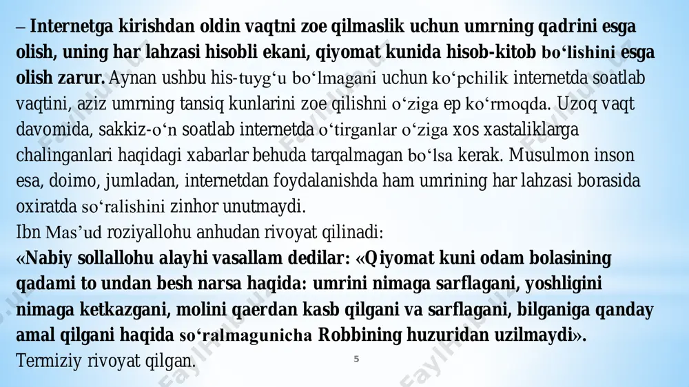 dalanishi haqida so‘z bordi. ammo internetda boshqa xizmatlar, turli tarmoqlar va faoliyatlar ham bor. albatta, bular haqida ham batafsil so‘z yuritilishi juda zarur. shayx muhammad sodiq muhammad yusuf manba: https://islom.uz/view/internet-odoblari 19 bugun axborotlar oqimi shiddat bilan kuchayib borayotgan, kompyuter va umuman texnika olami inson hayotida tobora kengroq va mustahkamroq o’rin olib borayotgan bir zamonda “axborot iste’moli madaniyati” muammosining yanada dolzarblik kasb etishi sir emas. zero, iste’mol madaniyati inson ma’naviy olamining ajralmas qismi ekan, inson ma’naviyatini shakllantirish, axborotni to’g’ri yetkazish va qabul qilish ta’lim-tarbiya jarayonidagi eng asosiy vazifa bo’lib qolaveradi. 1.axborot iste’moli madaniyati mazmuni va mohiyati 20 bugungi kunda yoshlarimiz nafaqat o’quv dargohlarida,balki radiotelevideniya, matbuot, internet kabi vositalar orqali ham rang-barang axborot ma’lumotlarni olmoqda. jahon axborot maydoni tobora kengayib borayotgan shunday bir sharoitda bolalarimizning ongini to’gri axborot bilan boyitish, ularda axborot iste’moli madaniyatini shakllantirish asosiy vazifalarimizdan biridir. bu o’rinda badiiy adabiyot, kitob mutolaasi katta yordam beradi. badiiy adabiyotning inson ma’naviy dunyosiga …