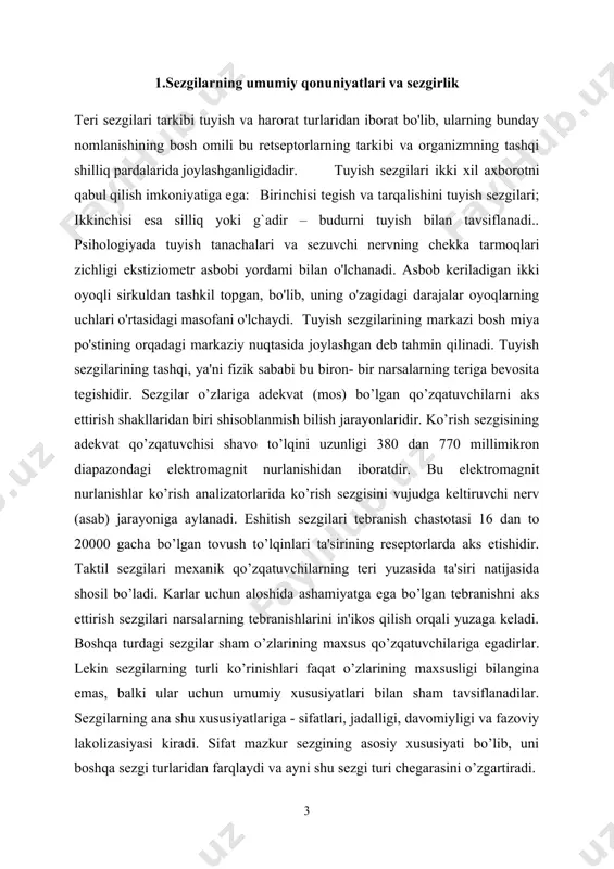 tromagnit nurlanishlar ko’rish analizatorlarida ko’rish sezgisini vujudga keltiruvchi nerv (asab) jarayoniga aylanadi. eshitish sezgilari tebranish chastotasi 16 dan to 20000 gacha bo’lgan tovush to’lqinlari ta'sirining reseptorlarda aks etishidir. taktil sezgilari mexanik qo’zqatuvchilarning teri yuzasida ta'siri natijasida shosil bo’ladi. karlar uchun aloshida ashamiyatga ega bo’lgan tebranishni aks ettirish sezgilari narsalarning tebranishlarini in'ikos qilish orqali yuzaga keladi. boshqa turdagi sezgilar sham o’zlarining maxsus qo’zqatuvchilariga egadirlar. lekin sezgilarning turli ko’rinishlari faqat o’zlarining maxsusligi bilangina emas, balki ular uchun umumiy xususiyatlari bilan sham tavsiflanadilar. sezgilarning ana shu xususiyatlariga - sifatlari, jadalligi, davomiyligi va fazoviy lakolizasiyasi kiradi. sifat mazkur sezgining asosiy xususiyati bo’lib, uni boshqa sezgi turlaridan farqlaydi va ayni shu sezgi turi chegarasini o’zgartiradi. sezgi boshqa jarayonlarga nisbatan oddiy jarayon bo`lib, bu jarayonning mohiyati moddiy qo`zg`atuvchilarning tegishli retseptorlariga ta`sir etish yo`li bilan moddiy dunyodagi narsa va hodisalarning ayrim xossalari va organizm ichki holatini aks ettirishdan iborat. sezgilar materiyaning sezgi a`zolarimizga ta`siri natijasidir. sezgi a`zolari …