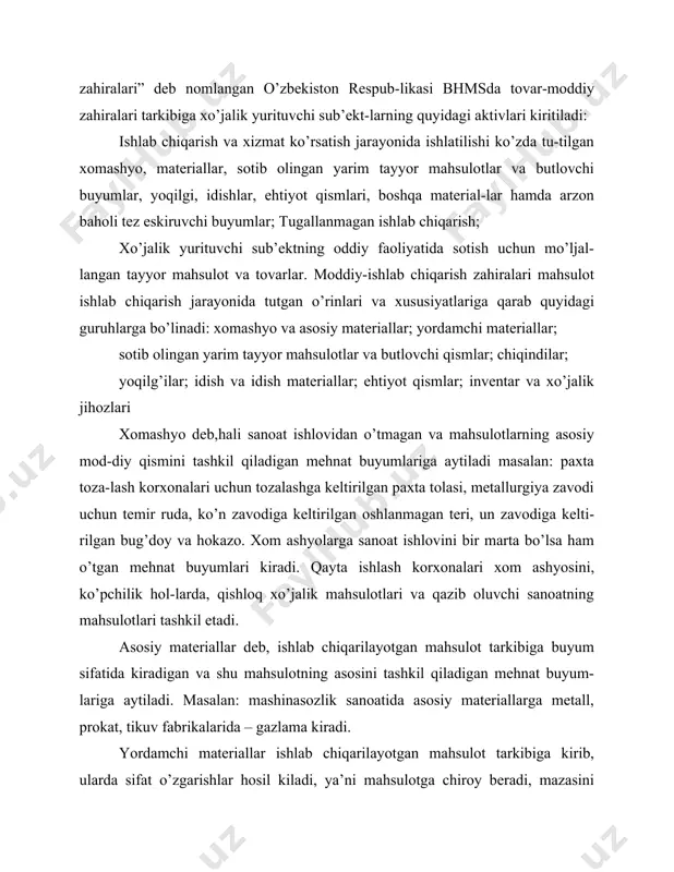 ishlatiladi. idish va idish materiallari sotilayotgan mahsulotlarni o’rash, joylashtirish uchun xizmat qilib, mahsulot bilan birgalikda sotiladi. ehtiyot qismlar mashina, asbob-uskuna va boshqa mehnat vositalarini ta’mirlash maqsadida ishlatiladi. korxonaning tovar-moddiy zahiralari tarkibiga quyidagilar kiri-tilmaydi: inventarizatsiya natijasida aniqlangan egalik qilish huquqi bo’lmagan tovarlar; konsignatsiyada bo’lgan tovarlar. darhaqiqat, inventarizatsiya (yo’qlama) o’tkazish davrida korxonada uning egalik qilish huquqi bo’lmagan tovarlar aniqlanishi mumkin. bu mijozning buyurtmasiga asosan tayyorlangan (ya’ni oldi-sotdi bitimi bajarilgan) unga qarashli va jo’natishni kutayotgan tovardir. aniqlangan bunday tovarlar korxo-naning tovar-moddiy zahiralari tarkibiga kiritilmaydi. ular sotish jarayonida qayd qilinishi lozim. тovar-moddiy zahiralari tarkibiga kirmaydigan tovarlarning yana bir turi - bu konsignatsiyadagi tovarlardir. konsignatsiya komitent yoki konsignant deb ataladigan mulkdorni o’z tovarlarini boshqa kompaniya omborlarida sotish uchun joylashtirishdir. konsignator bunday tovarlarni o’zining moddiy zahiralari tarkibiga kiritmasligi kerak, chunki realizatsiya davrigacha bu tovarlar jo’natuvchi – kon-signantning mulki hisoblanadi. omborda turgan tovarlarning bir kismini konsignatsiyaga berilishi muo-malasini buxgalteriya hisobida quyidagi yozuv bilan rasmiylashtirish mumkin dt konsignatsiyaga …