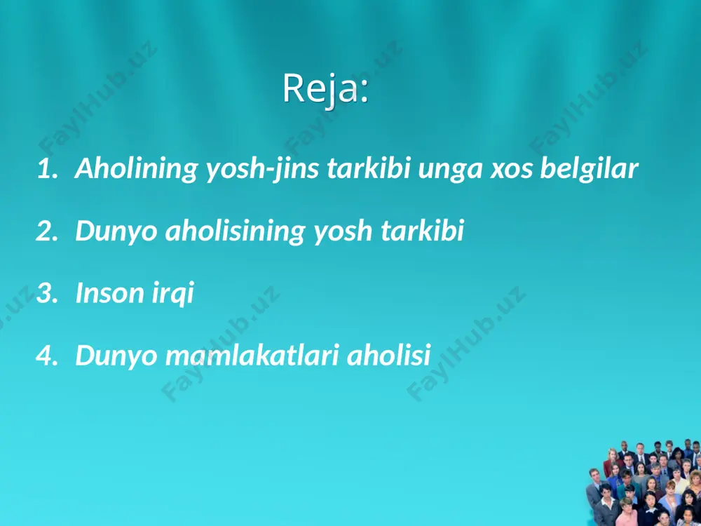‘g‘ri baholash dunyoda bo‘lib o‘tayotgan voqea va hodisalarning ko‘pchiligini to‘g‘ri tushunishva anglashga imkon beradi. yevropada xristian dinining barcha shakllari keng tarqalgan. katoliklik, asosan, qit’a janubida, qisman g‘arbida va markazida, protestantlik shimolida va markazida hukmrondir. xristian dini katolik dini sobiq ittifoq davlatlarida pravoslav va islom dinlari keng tarqalgan. osiyoda barcha dunyoviy dinlar va yirik milliy din keng tarqalgan. osiyoda, ayniqsa, islom dini katta rol o‘ynaydi. yer yuzida aholi juda notekis joylashgan. aholining o‘rtacha zichligi (1 km2 ga to‘g‘ri kelgan aholi soni) doimiy aholisi mavjud hududlar (130 mln. km2) doirasida 53,6 kishini tashkil qiladi. migratsiya jarayoni aholi hududiy harakatining asosiy turi bo‘lib, u inson bilan tabiat o‘rtasida aloqadorlik vujudga kelgandan buyon shakllanib, rivojlanib kelmoqda. image2.jpeg image3.jpeg image4.jpeg image5.jpeg image6.jpeg image7.jpeg image8.jpeg image9.jpeg image10.png image11.jpeg image12.jpeg image13.jpeg image14.jpeg image15.jpeg image16.jpeg image17.gif image18.jpeg image1.jpeg