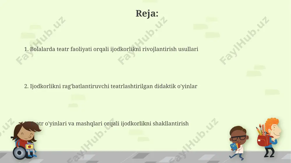 ning ifodalanishida 2-3 xil obrazlarni yaratish imkonini beradi. kostyumlar va dekoratsiyalarni yaratishda ijodkorlik kostyumlarni yaratishda 5 yoshdan 10 yoshgacha bo‘lgan bolalarga turli xil materiallar (matolar, qog‘oz, plastik) dan foydalanib, o‘ziga xos shakllar va teksturalarni yaratishga imkon berish orqali ijodkorlikni rivojlantirish mumkin. dekoratsiyalarni tayyorlashda 3 o‘lchovli geometrik shakllarni, ranglarning uyg‘unligini hisobga olgan holda kompozitsiyani tuzish, bolalarning fazoviy tasavvurini va estetik didini shakllantiradi. tanqidiy fikrlash va o'z-o'zini baholash ijrodan keyin 7 ta savol berish orqali bolalarning o'zlarini va spektaklni tanqidiy tahlil qilish qobiliyatlarini rivojlantirish mumkin; bu o'z-o'zini anglash darajasini oshiradi. o'z-o'zini baholashni rivojlantirish uchun 3 bosqichli baholash tizimi (reja, ijro, natija) qo'llanilishi, bolalarning o'z ishlarini tahlil qilish va takomillashtirish ko'nikmalarini shakllantiradi. sahna nutqi va ekspressiv harakatlarni o'rgatish ekspressiv harakatlarni o'rgatishda pantomimika, mimika va imo-ishoralardan foydalanish, tananing turli qismlarining harakatlarini muvofiqlashtirishga o'rgatish muhim. kamida 10 ta harakatni namoyish etishni mashq qilish tavsiya etiladi. sahna nutqini rivojlantirishda 3-5 yoshli bolalarga sodda she'rlarni, ijodiy hikoyalarni …