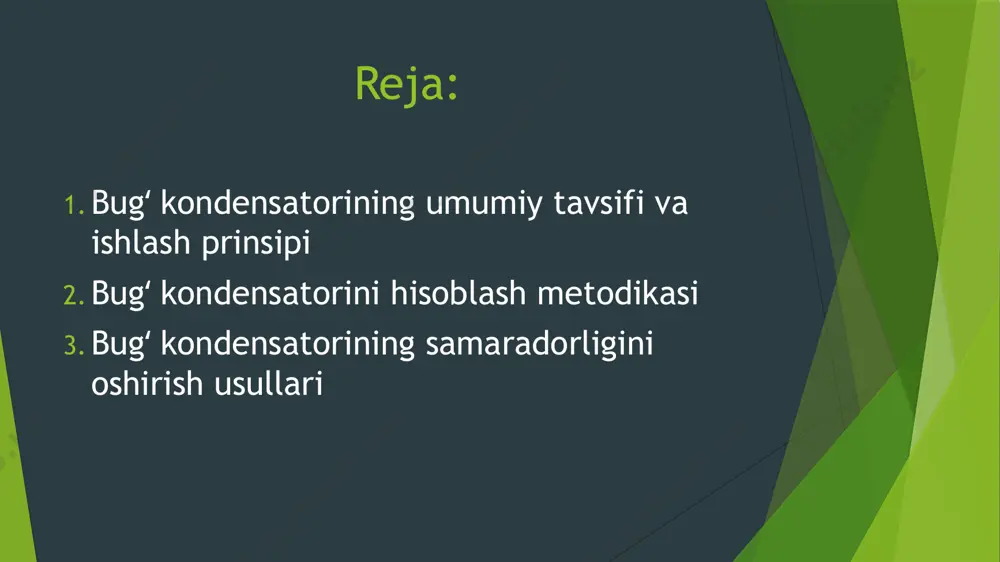 energiya ishlab chiqarish jarayonidan so‘ng kondensatorga yo‘naltiriladi. agar bugʻ to‘g‘ridan-to‘g‘ri tashlab yuborilsa, energiya yo‘qotishlar juda katta bo‘ladi va tizimning umumiy samaradorligi pasayadi. shu sababli bugʻ kondensatorlari yordamida bugʻdan ajralgan suv qayta ishlanadi va yana tizimga yuboriladi. bu nafaqat energiyani tejashga, balki suv resurslaridan samarali foydalanishga ham yordam beradi.kondensatsiya jarayoni kondensator ichidagi bosim va haroratga bog‘liq holda o‘zgaradi. agar bosim pasaytirilsa, bugʻning kondensatsiyalanish harorati ham kamayadi, bu esa energetik samaradorlikni oshirishga yordam beradi. shu sababli, zamonaviy bugʻ kondensatorlarida vakuum hosil qilish tizimlari qo‘llanadi. bu tizimlar kondensator ichidagi bosimni pasaytirib, bugʻning tezroq kondensatsiyalanishini ta’minlaydi. kondensatorning samaradorligi uning issiqlik almashinuvi yuzasi, ishlatilayotgan materiallar va sovutish tizimi bilan bog‘liq. agar kondensatorning issiqlik almashinuvi yuzasi katta bo‘lsa, bugʻ tezroq soviydi va kondensatsiyalanish jarayoni samaraliroq bo‘ladi. shu sababli, kondensatorlarning quvurlari ko‘pincha metallardan, ayniqsa, issiqlikni yaxshi o‘tkazuvchi mis yoki alyuminiydan tayyorlanadi. bundan tashqari, ayrim zamonaviy kondensatorlarda maxsus qoplamalar ishlatiladi, bu esa ularning korroziyaga chidamliligini oshirib, uzoq muddat …