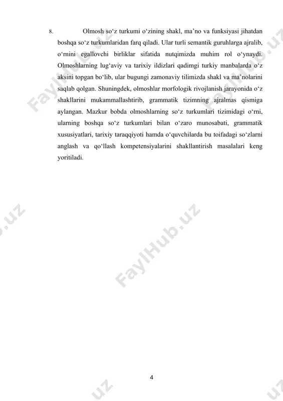 . · arab tilida ham bu so‘zlar “ism zameer” (ya’ni yashirin yoki o‘rinbosar ism) tarzida nomlanadi. bu qiyoslardan ko‘rinib turibdiki, turli tillarda olmosh tushunchasi bir xil asosga – o‘rnini egallash, nomni almashtirish funksiyasiga tayanadi. olmoshlarning semantik turlari turi misollar izoh shaxs olmoshlari men, sen, u, biz, siz, ular shaxsni bildiradi ko‘rsatish olmoshlari bu, shu, ana, o‘sha, mana ishora yo‘li bilan predmetni bildiradi so‘roq olmoshlari kim, nima, qaysi, qachon so‘roq ifodalaydi yozma olmoshlar hech kim, hech nima, har kim belgisizlik yoki umumlashtirish o‘zaro olmoshlar bir-biri, o‘zaro o‘zaro harakatni bildiradi aniqlovchi hamma, barcha, har, ba’zi umumlashtirish olmoshlari tarixiy manbalarda olmoshlar qadimgi turkiy yozma yodgorliklarda olmoshlar hozirgi shakliga juda yaqin bo‘lgan ko‘rinishda ishlatilgan: asar shakl hozirgi ko‘rinish izoh devonu lug‘otit-turk men, sen, bu, ol, ne, kim men, sen, bu, u, nima, kim qadimiy turkiy zamirlar qutadg‘u bilig ol, bu, anı, anu u, bu, o‘sha ko‘rsatish va shaxs olmoshlari muhokamat ul-lug‘atayn kim, ne, bu …