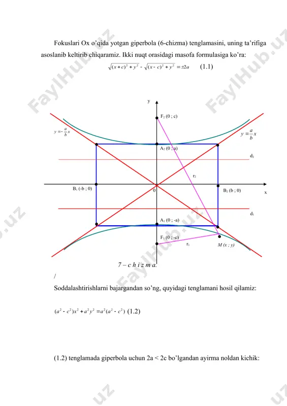 immetrikligidan, u cheksiz cho’zilgan ikki ayrim tarmoqdan ibort ekanligi bilinadi. (6-chizma). 3 – §. g i p e r b o l a n i n g a s i m p t o t a l a r i. funksiya argumenti cheksizlikka intilganda funksiya grafigi biror to’g’ri chiziqqa cheksiz yaqinlashish xossasi uning grafigini chizishda muhum rol o’ynaydi. t a’ r i f. agar egri chiziqning nuqtasidan to’g’ri chiziqqacha bo’lgan masofa nuqta cheksiz uzoqlashganda nolga intilsa, to’g’ri chiziq egri chiziqning asimptotasi deyiladi. funksiya grafigining asimptota chiziqlari umuman uch xil ko’rinishda bo’ladi: 1). vertikal asimptota; 2). gorizontal asimptota; 3). ko’rinishdagi asimptota chizig’i. bo’lganda bo’lsa, vertikal asimptota chizig’i; bo’lganda bo’lsa, gorizontal asimptota chizig’i bo’ladi. agar (3.1), (3.2) limitlar mavjud bo’lsa, u holda to’g’ri chiziq egri chiziqning og’ma asimptotasi deyiladi. agar og’ma asimptota tenglamasini aniqlashda (xususiy holda , ) bo’lsa, u holda (yoki ) to’g’ri chiziq gorizontal asimptota deyiladi. giperbolaning muhum xususiyatlaridan biri …