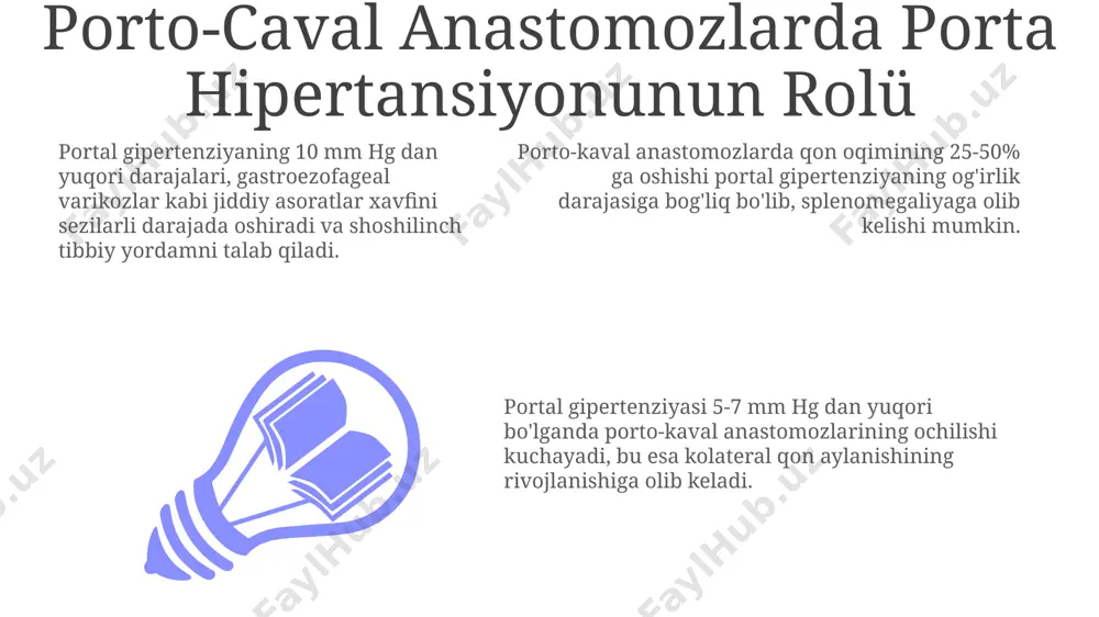 muhim rol o'ynaydi, taxminan 80% hollarda aniqlanadi. kava-caval anastomozlarining klinik ahamiyati kava-kav shantiri o'tkazuvchanligi vaqti bilan pasayishi mumkin, bu esa tromboz xavfini oshiradi va bemorlarning 5-10% da revaskulyarizatsiya protseduralarini talab qilishi mumkin. jarrohlik usuli bilan yaratilgan kava-kav anastomozlari, transyugulyar intrahepatik portosistemik shant (tips) protsdurasidan farqli o'laroq, yuqori darajadagi muvaffaqiyat ko'rsatkichlariga ega, ammo 15% dan kam bemorlarda jarrohlik asoratlari kuzatiladi. kava-kav anastomozlari portal hipertenziya bilan og‘rigan bemorlarda port sistemaning bosimini pasaytirishda muhim rol o‘ynaydi, bu esa asoratlar, masalan, astit va ensefalopatiya xavfini 20-30% ga kamaytirishi mumkin. e'tiboringiz uchun rahmat @taqdimot_robot image1.jpeg image2.jpeg image3.jpeg