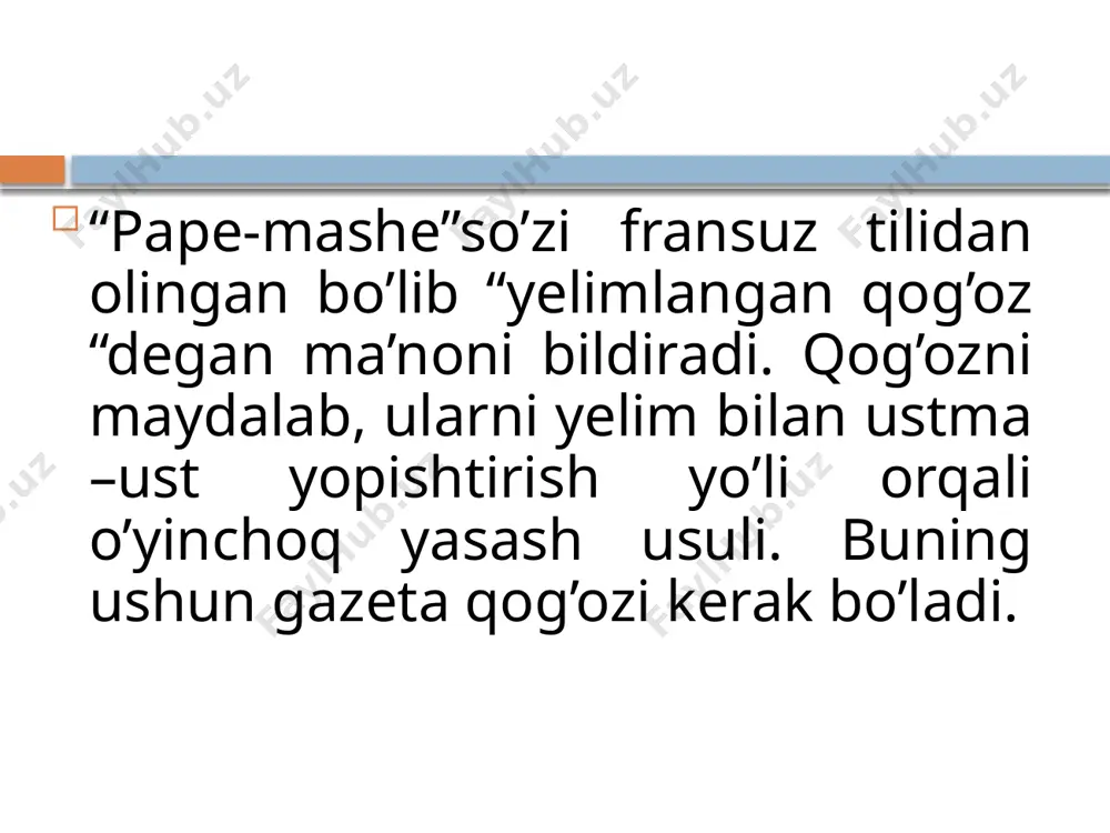 iladi. so’ngra gazeta parchalari yelimlanadi. mazkur jaroyonni 3 marta takrororan bajarish zarur . savollar: 1.pape-mashe usuli haqida ma’lumot bering. 2.bu usulda buyum yasashda nimalardan foydalaniladi? image3.png image4.png /docprops/thumbnail.jpeg