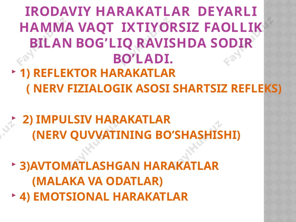 harakatni amalga oshirishning tarqoq va yig’iq tarkiblari (unsurlari) maqsadga yo’naltiriladi. www.arxiv.uz iroda aktining tuzilishi irodaviy aktning boshlanishi maqsadga erishish yo’l-yo’riqlari haqiqatdan ham aniq istaklarning ushalishiga xizmat qilishi to’g’risida oqilona qarorga kelishda o’z ifodasini topadi. psixologik ma’lumotlarning ko’rsatishicha, tanlangan harakatlar oqilona, omilkor, odilona ekanligi to’g’risida qarorga kelinganida, maqsadga muvofiqligi ishonchli dalillar ustiga qurilganida ushbu jarayon qiyinchiliklarsiz sodir bo’ladi. biroq aksariyat hollarda qarorga kelish murakkab jarayonga aylanadi, buning natijasida motivlar kurashi yuzaga keladi, binobarin, tanlash, yakdillikka kelish muddati birmuncha cho’ziladi. masalan, a), b) v) g yuksak hislar (burch, mas’uliyat, javobgarlik, vatanparvarlik, fidoiylik kabilar) axloqiy talablar interiorizasiyaga aylanganligini, ya’ni shaxsning ma’naviy mulkiga o’tayotganligini, egoistik (xudbinlarcha) intilishlar bilan altruistik (ijtimoiy fidoiylik) istaklari (xohishlari) o’rtasida qarama-qarshilik yuzaga keladigan favquloddagi vaziyatda amalga oshiriladigan xulq-atvorning ichki mexanizmlarga aylanganini aks ettiradi www.arxiv.uz irodaviy harakatlarning asosiy bosqichlari (yoki fazalari) i. harakat maqsadini belgilash. maqsad- nima qilish kerak, nimaga erishish kerak,va qanday qiyinchiliklarni yengishi kerakligini anglashidir. bu albatta, tasavvur qilish, …