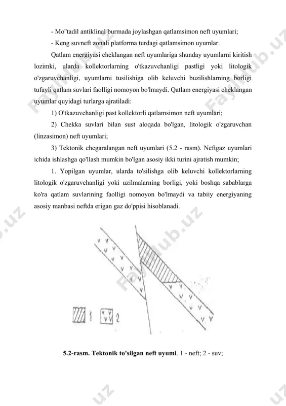 ib, birlamchi gaz do'ppisini hosil qiladi. neftgazkondensat konlari - neftgaz konlari, ularniig gaz qismida qatta miqdorda yog'li gaz - kondensat bo'ladi. u asosan сз - с8 va undan og'irroq uglevodorodlarni aralashmasidan iborat bo'ladi. agarda tabiiy gaz do'ppisidagi 1m gazda 200g dan kam kondensat bo'lsa, bunday kon neftgaz koniga tegishli hisoblanadi. gaz do'ppisida standart sharoitlarda 1m3 gazda 200 g atrofida kondensat bo'lsa, kon o'rtacha miqdordagi kondensatli neftgazkondensat koni hisoblanadi. gaz do'ppisining gazida kondensat miqdori 1 m3 gazda 600 g dan yuqori bo'lsa, kon yuqori kondensatli hisoblanadi. shartli ravishda qabul qilamiz, agarda tabiiy sharoitlarda uglevodorodlarning hajmini 80-90% gaz holatda, qolgani esa suyuq fazada, shuningdek neft ko'rinishida bo'lsa, unda bunday kon gaz yoki gazkondensat koni hisoblanadi. suyuq fazaning miqdori yuqoridagidan ko'p bo'lsa, kon neftgaz yoki neftgazkondensat koniga mansub bo'ladi. neftgaz konining neft qismida neft bilan birga unda erigan gaz, shuningdek bog'liq suv bo'ladi. bu konlarning gaz qismida gaz va bog'liq suv bor. ba'zi …