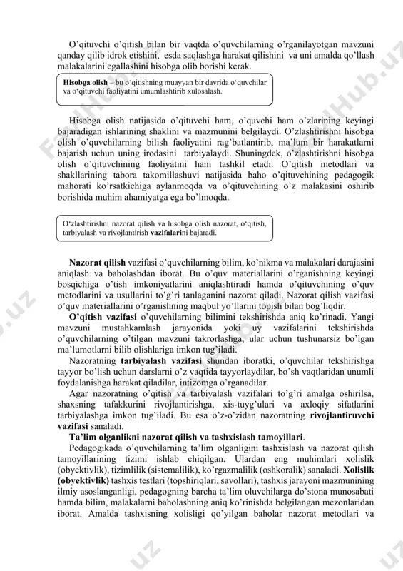 shinchi bo’g’in ta’lim oluvchilarning, ta’lim jarayonining barcha bosqichlarida egallangan bilim, ko’nikma va malakalarini yakuniy tekshirish va hisobga olishdir. o’zlashtirishning yakuniy hisobi har bir chorak va o’quv yili oxirida o’tkaziladi. u olingan baholarni qo’shib, o’rtacha arifmetik ballni mexanik tarzda chiqarishdangina iborat bo’lmasligi lozim. bu, avvalo, mazkur bosqichda belgilangan maqsadga muvofiq tarzda amaldagi ta’lim olganlik darajasi (sifati)ni tashxislashdir. tekshirishdan tashqari nazorat o’z ichiga baholashni (jarayon sifatida) va bahoni (natija sifatida) ham oladi. baholash deb bilim, ko‘nikma va malakalarni o‘quv dasturida ko‘rsatilgan etalon (ko‘rstakich, qolip, o‘lchagich)lar bilan solishtirishni aytamiz. baho deb baholashning ball shaklida ko‘rsatilgan son jihatdan o‘lchamiga aytiladi. o’zlashtirish tabellari, sinf, guruh jurnallari, reyting daftarchalari va shu kabilarda baholar shartli belgilar, kod signallari, xotiralash belgilari va xokazolar baho ko’rinishida qayd etiladi. o’quvchining o’zlashtirish darajasini baholash uchun nazorat yakunlari (natijalari) asos bo’ladi. bunda o’quvchilar ishining ham sifat, ham miqdor ko’rsatkichlari hisobga olinadi. o’qituvchi o’qitish bilan bir vaqtda o’quvchilarning o’rganilayotgan mavzuni qanday qilib idrok …
