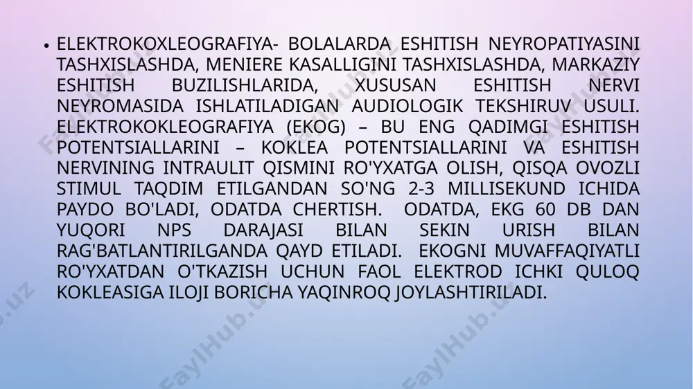 i yuboradi. qoldiq eshitish qobiliyatini saqlaydigan koxlear implant salyangozning spiral shaklga ega bo'lishi elektrodlarni kiritishni murakkablashtiradi — ular ham spiral shaklida bo'lishi kerak. ammo, agar o'ralgan elektrodlar kokleaga kiritilsa, ular shikast etkazishi mumkin, bu esa qoldiq eshitish qobiliyatini yo'qotishiga olib keladi. koxlear implantatsiya. koxlear implantlar nima? koxlear implant-bu standart eshitish vositalariga ajoyib alternativ, yanada qulay va miniatyura. u eshitish muammolarining ancha katta spektrini hal qilishga qodir, chunki u kiruvchi tovush to'lqinlarini eshitish nerviga uzatiladigan elektr impulslariga aylantiradi. implant deyarli butunlay sog'lom quloq funktsiyalarini almashtiradi. asosiy elektrokoxleografiya potentsiallari uchta asosiy potentsial mavjud: harakat potentsiali (ap), koxlear mikrofon (cm) va yig'ish potentsiali (sp). harakat potentsiali (ap) afferent koxlear nerv tolalari xabenula teshigiga kirganda kelib chiqadi. ecochg qo'zg'atuvchining chastotasiga qarab nerv tolalari klasteridan yozib oladi. bosish stimuli kokleaning butun uzunligini faollashtiradi, lekin u harakatlanuvchi to'lqinning tezligi bilan boshqariladi, u bazal uchida tez boshlanadi (taxminan 30 m / s) va keyin koklear qism bo'ylab …