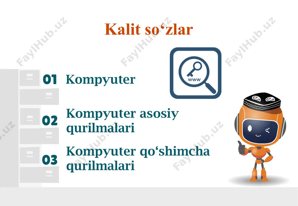 otira megabaytlarda o‘lchanadi va xotira modullari bilan ifodalanadi (ram, озу) – operativ (tezkor) xotira qurilmasi ya’ni, biz kompyuterga kiritadigan har qanday ma’lumot, albatta, markaziy protsessor orqali o‘tadi markaziy protsessor - ma’lumotni raqamli ko’rinishda qayta ishlaydi, arifmetik mantiqiy amallarni bajaradi va kompyuterdagi barcha qurilmalarni boshqarish uchun mas’ul bo‘lgan chip. markaziy protsessor video adapter ovoz kartasi video adapter (shuningdek, grafik karta, video karta deb nomlanadi) - kompyuter xotirasida tasvirni monitor uchun video signalga o‘zgartiradigan qurilma. ovoz kartasi (musiqa kartasi deb ham ataladi) - kompyuterda ovoz bilan ishlashga imkon beradi. hozirgi vaqtda ovoz kartalari asosiy plataga o‘rnatilgan yoki alohida ulangan bo‘lishi mumkin qattiq disk qattiq disk (hdd) - bu kompyuterda ma’lumotlarni saqlash uchun asosiy joy. barcha filmlar, o‘yinlar, fotosuratlar va hujjatlar qattiq diskda saqlanadi. cd-rom cd-rom va dvd-rom bu cd va dvd disklariga ma’lumot o‘qish va yozish uchun mo’ljallangan maxsus qurilma. ma’lumot kiritish uchun qo‘shimcha qurilmalar mikrofon skaner grafik planshet ma’lumotlarni chiqarish uchun …